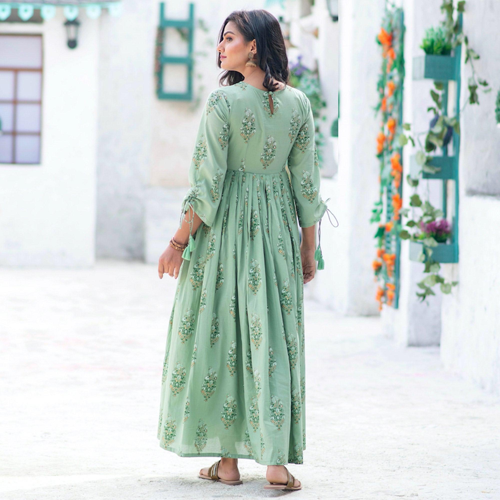 Marvellous Moss Green Colored Partywear Digital Printed Pure Muslin Gown - Peachmode
