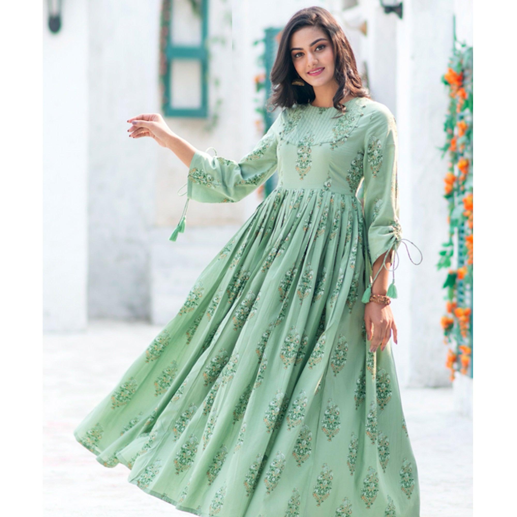 Marvellous Moss Green Colored Partywear Digital Printed Pure Muslin Gown - Peachmode