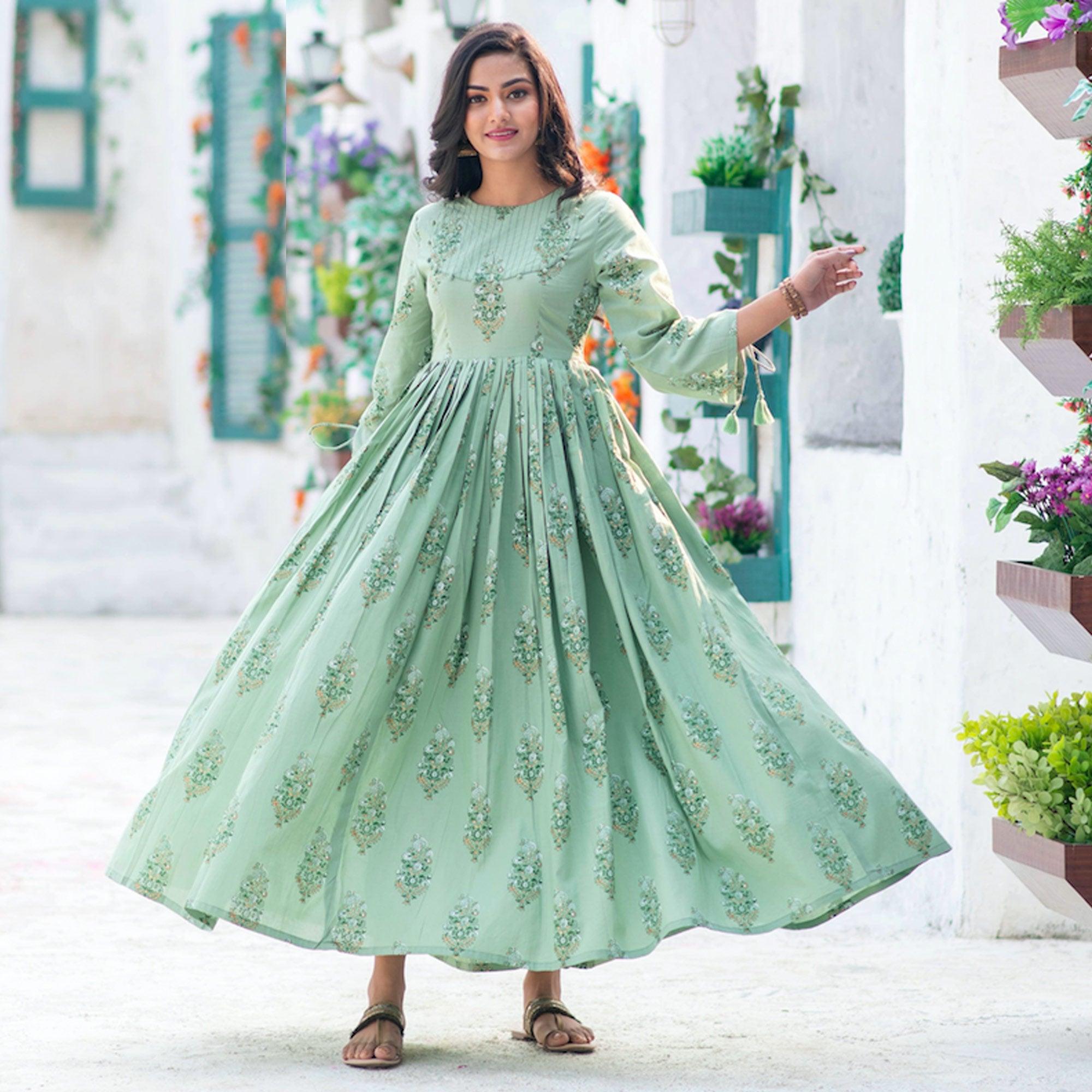 Marvellous Moss Green Colored Partywear Digital Printed Pure Muslin Gown - Peachmode