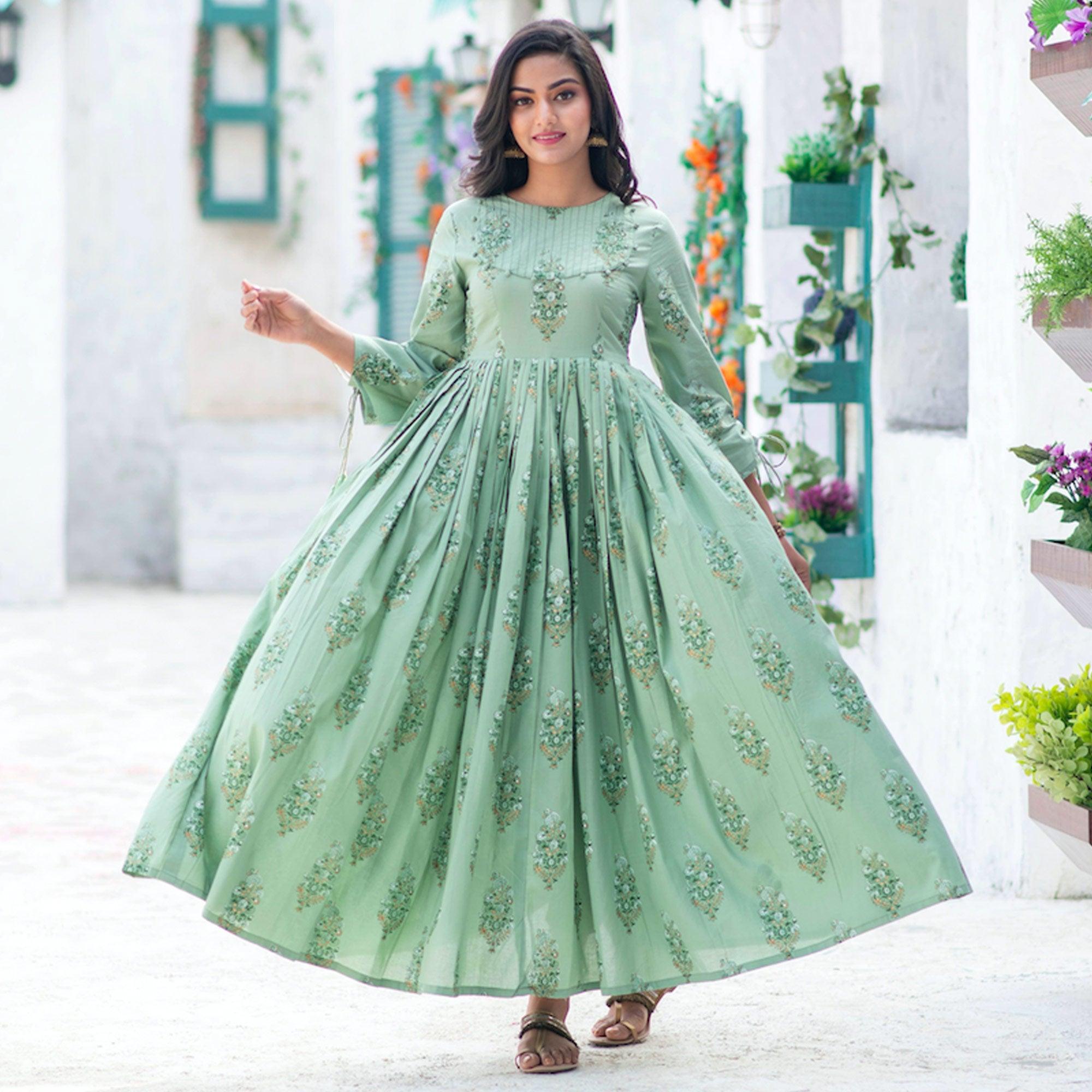 Marvellous Moss Green Colored Partywear Digital Printed Pure Muslin Gown - Peachmode