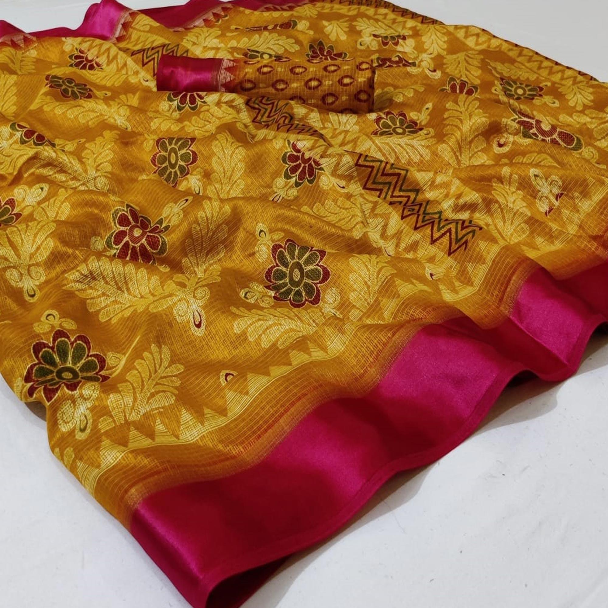 Marvellous Mustard Yellow Colored Casual Wear Printed Heavy Cotton Saree - Peachmode