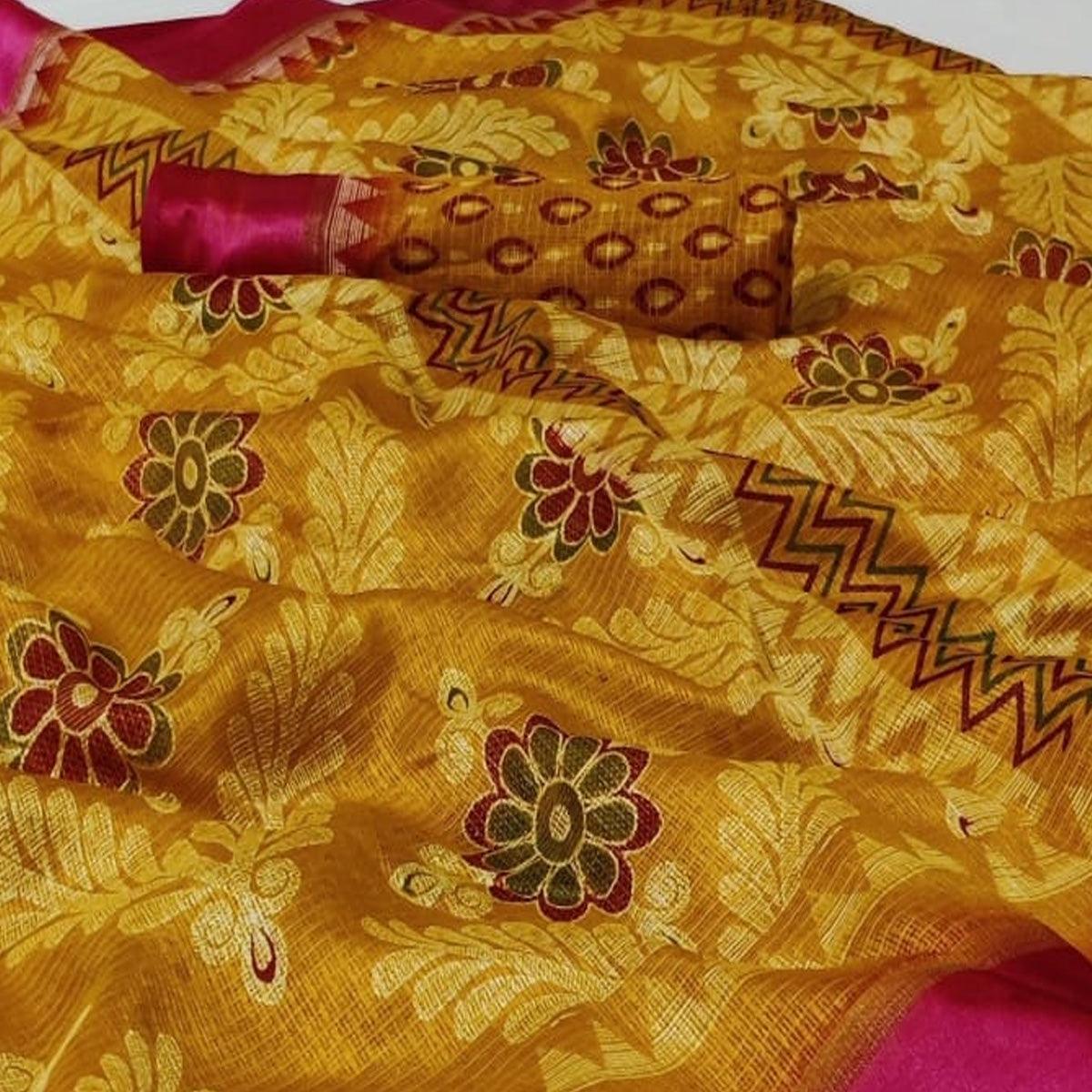 Marvellous Mustard Yellow Colored Casual Wear Printed Heavy Cotton Saree - Peachmode