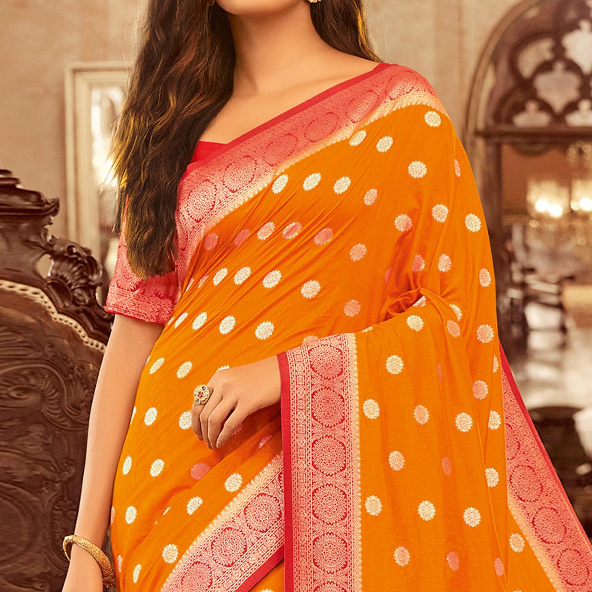 Marvellous Mustard Yellow Colored Festive Wear Woven Chanderi Cotton Saree - Peachmode