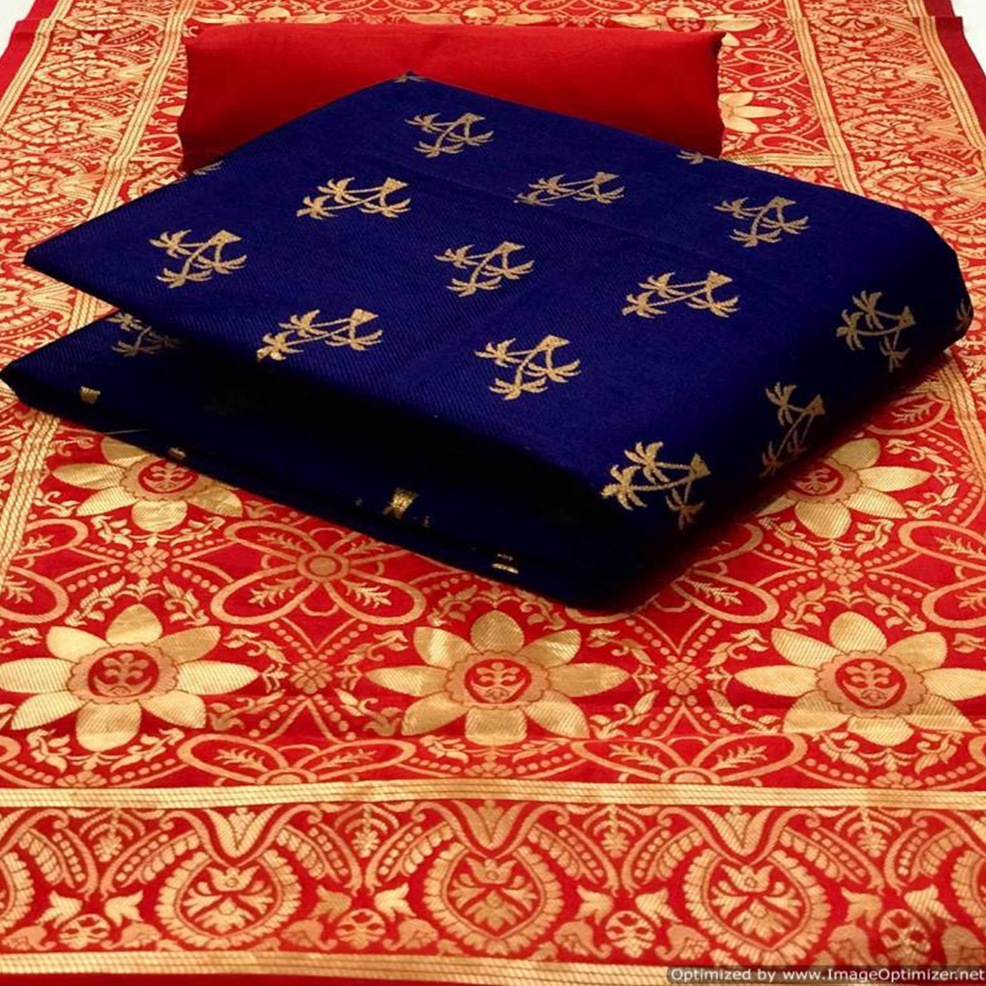 Marvellous Navy Blue Colored Casual Wear Banarasi Silk Dress Material - Peachmode