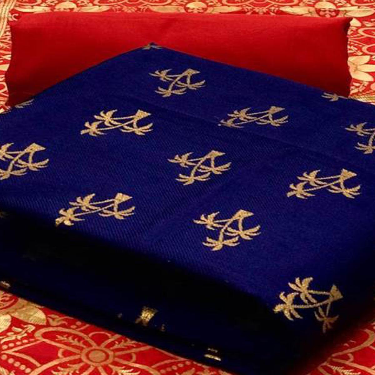 Marvellous Navy Blue Colored Casual Wear Banarasi Silk Dress Material - Peachmode