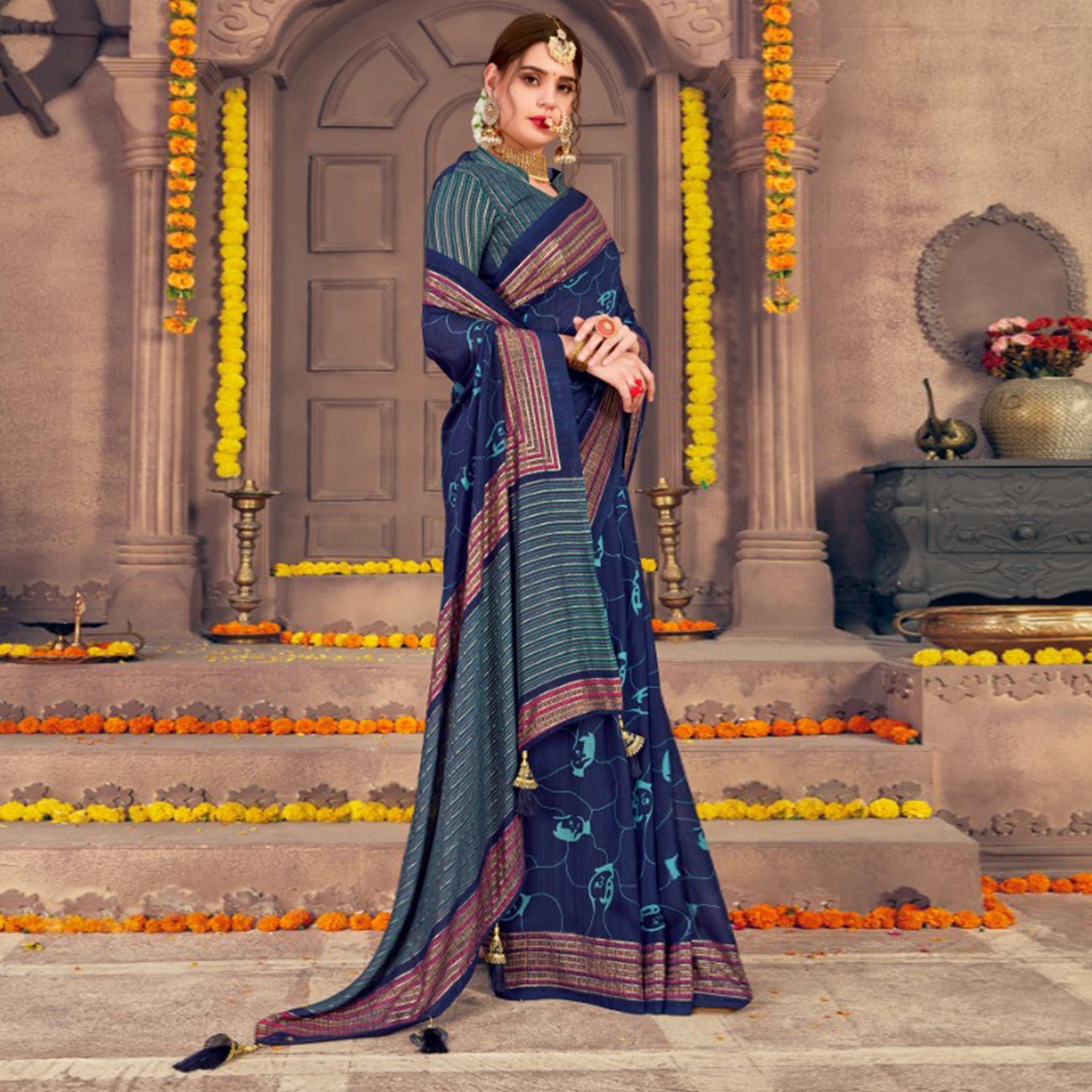 Marvellous Navy Blue Colored Festive Wear Printed Georgette Saree With Tassels - Peachmode