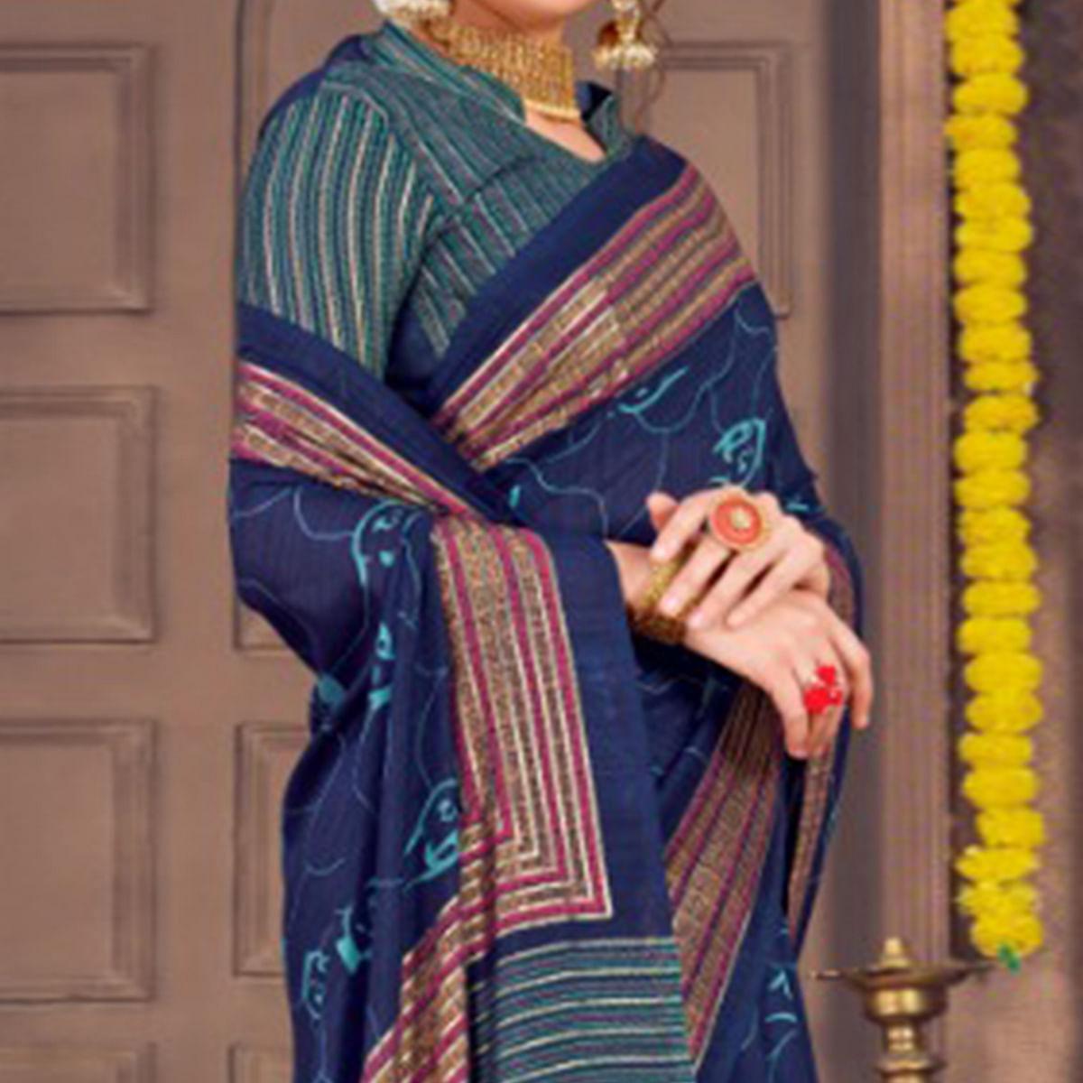 Marvellous Navy Blue Colored Festive Wear Printed Georgette Saree With Tassels - Peachmode