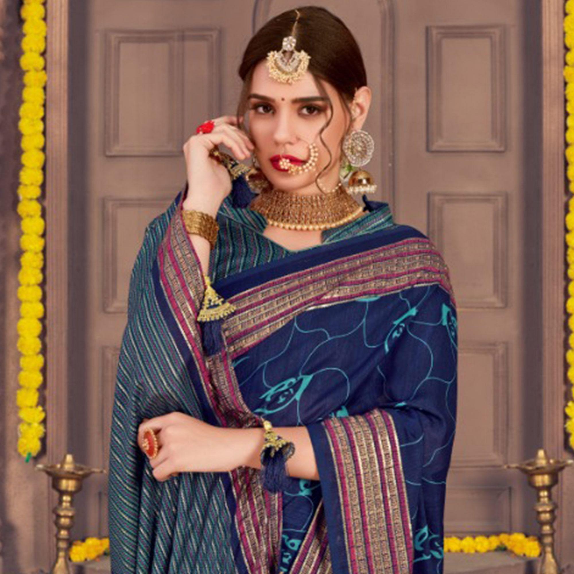 Marvellous Navy Blue Colored Festive Wear Printed Georgette Saree With Tassels - Peachmode