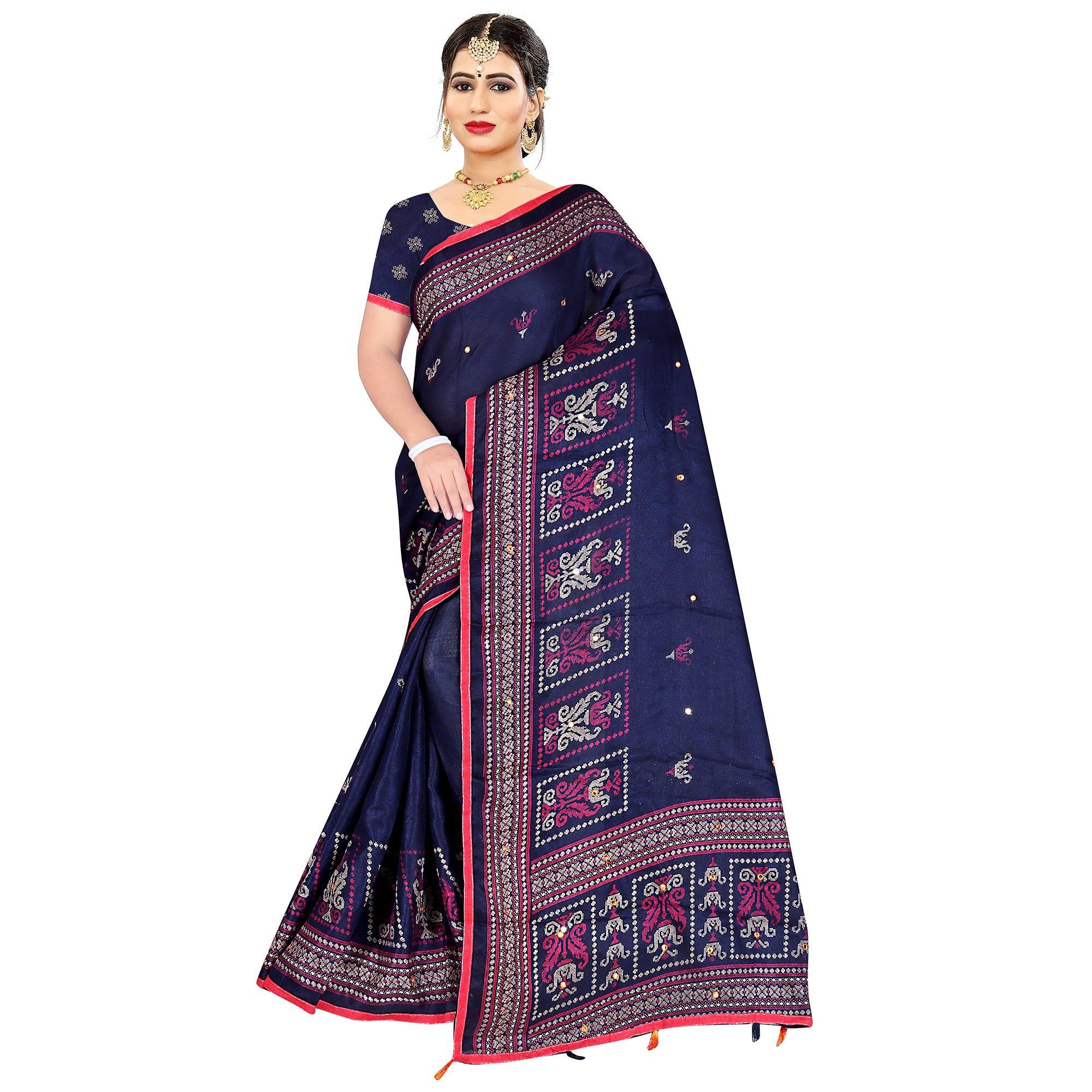 Marvellous Navy Blue Coloured Casual Wear Printed Cotton Jute Saree - Peachmode