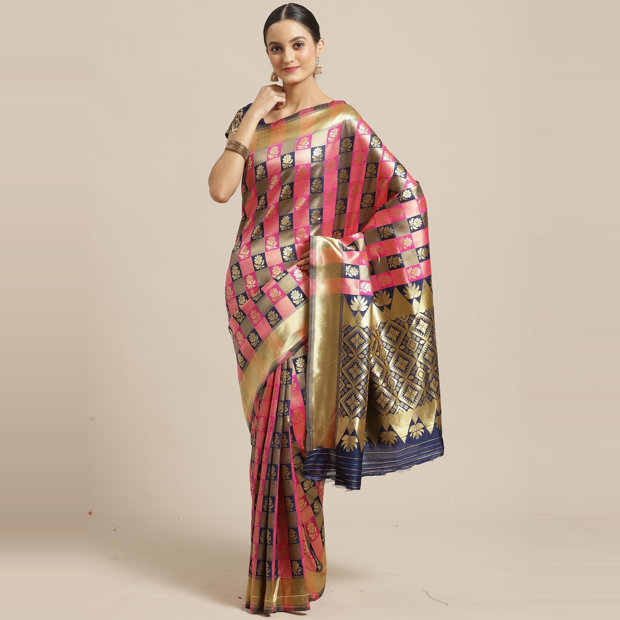 Marvellous Navy Blue - Pink Colored Festive Wear Woven Silk Blend Saree - Peachmode
