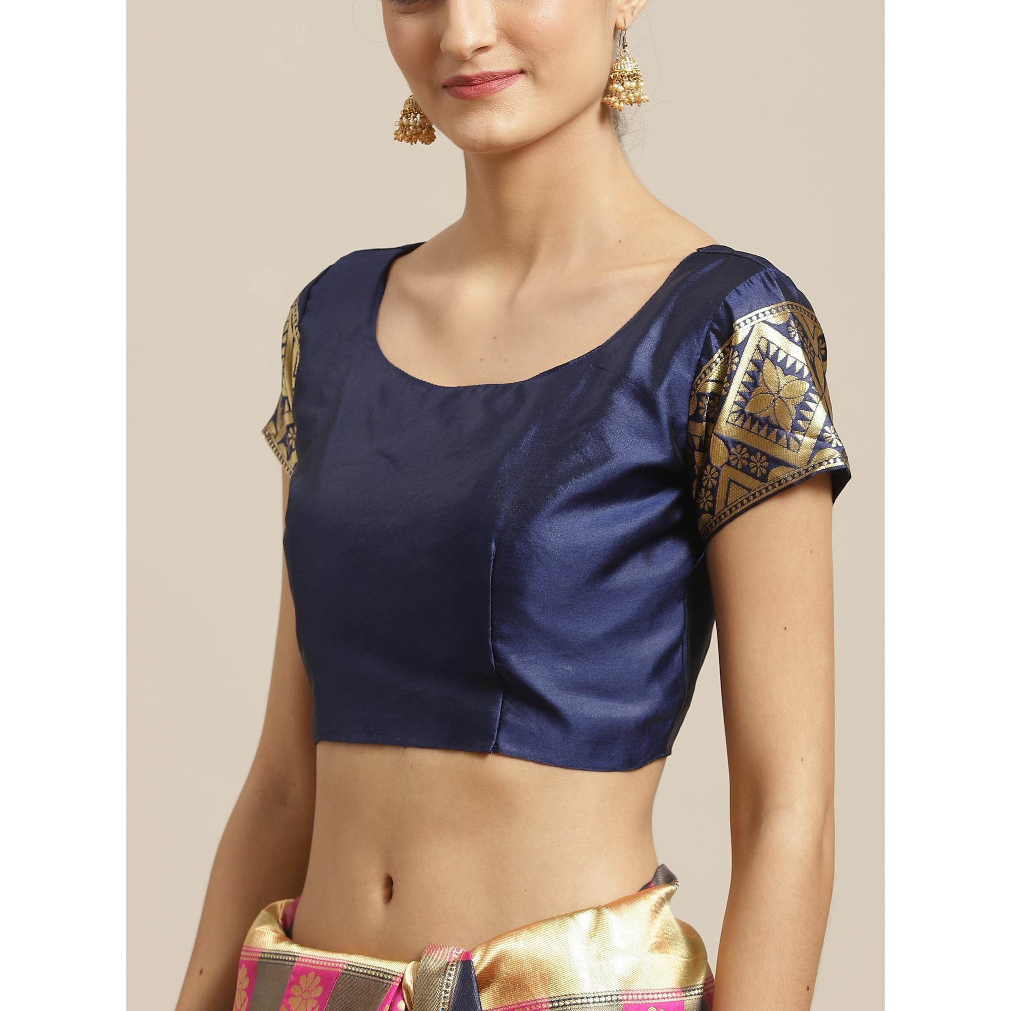 Marvellous Navy Blue - Pink Colored Festive Wear Woven Silk Blend Saree - Peachmode
