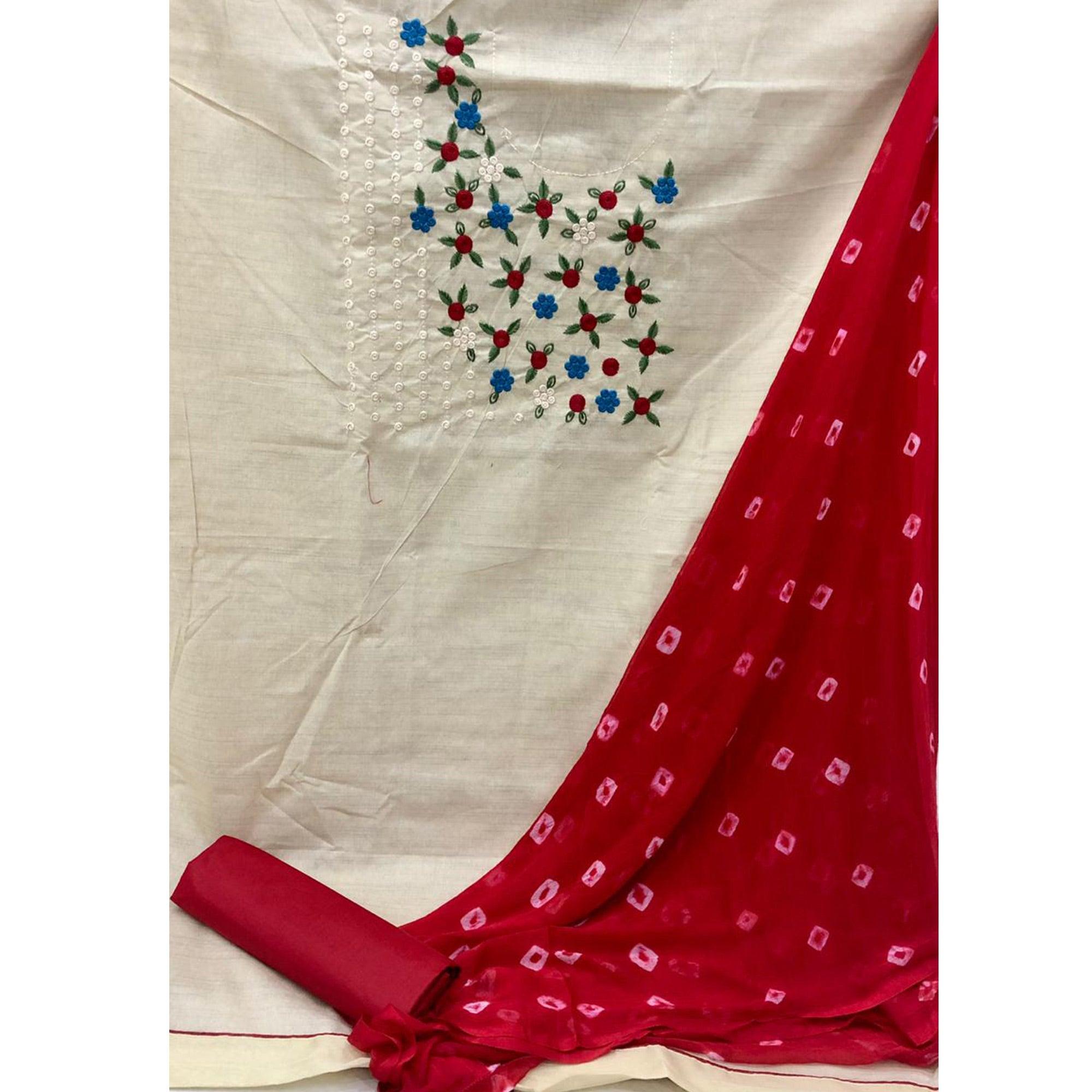 Marvellous Offwhite - Red Colored Casual Wear Embroidered Cotton Dress Material - Peachmode