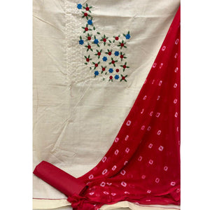 Marvellous Offwhite - Red Colored Casual Wear Embroidered Cotton Dress Material - Peachmode