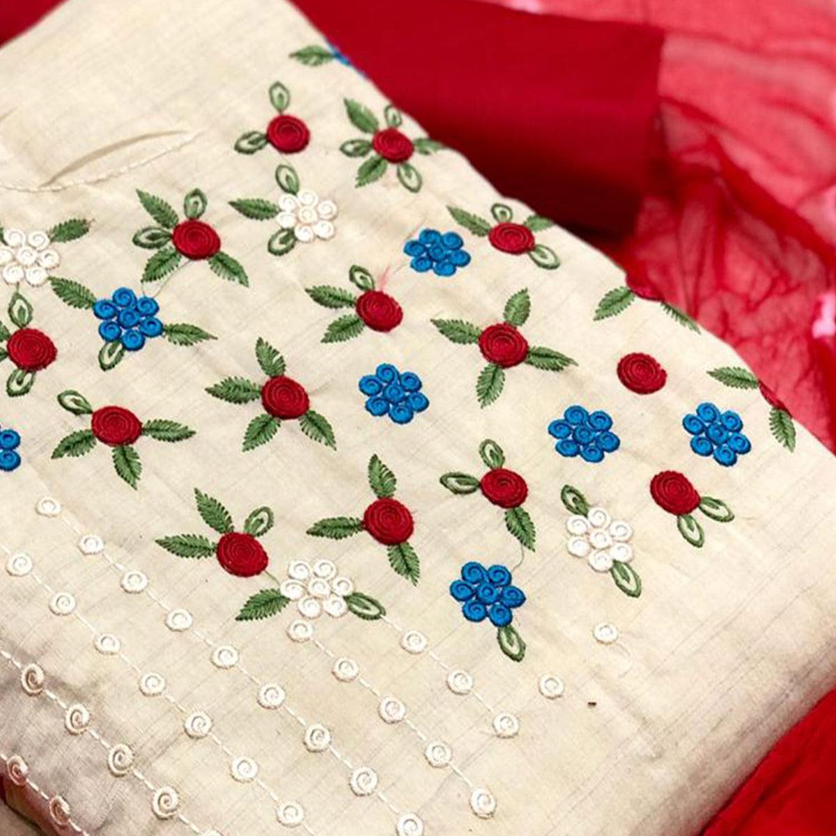 Marvellous Offwhite - Red Colored Casual Wear Embroidered Cotton Dress Material - Peachmode