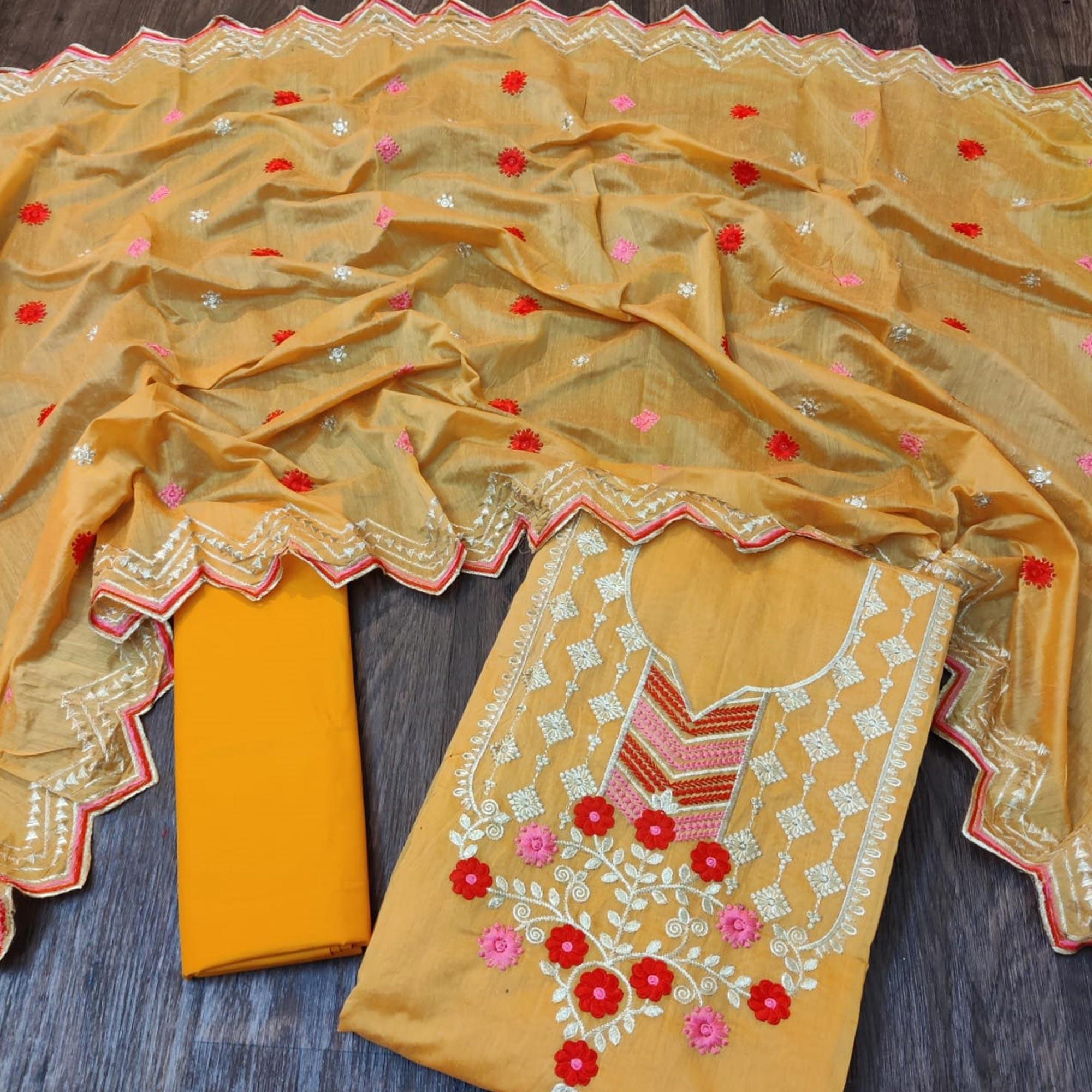 Marvellous Orange Colored Casual Wear Embroidered Chanderi Dress Material - Peachmode