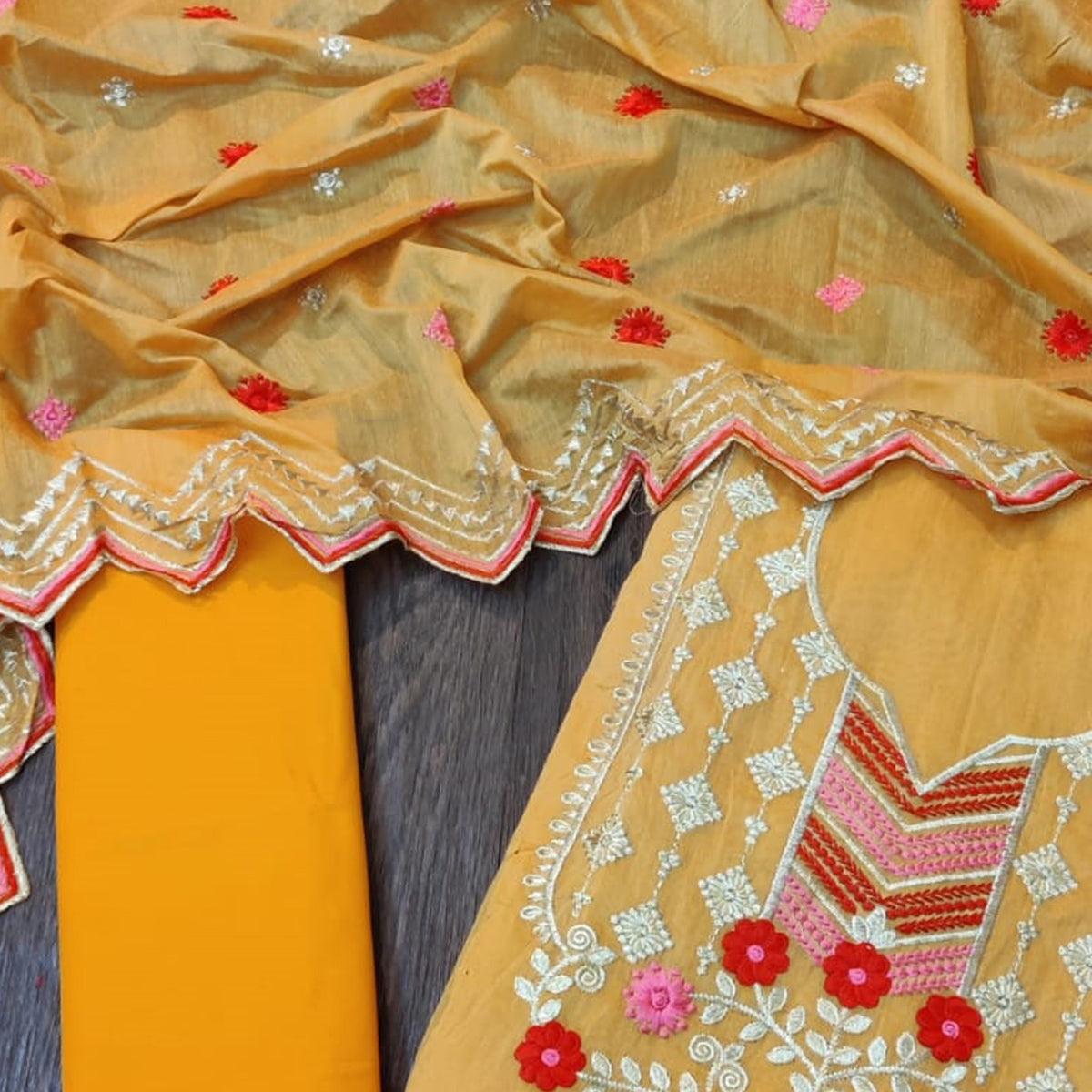 Marvellous Orange Colored Casual Wear Embroidered Chanderi Dress Material - Peachmode