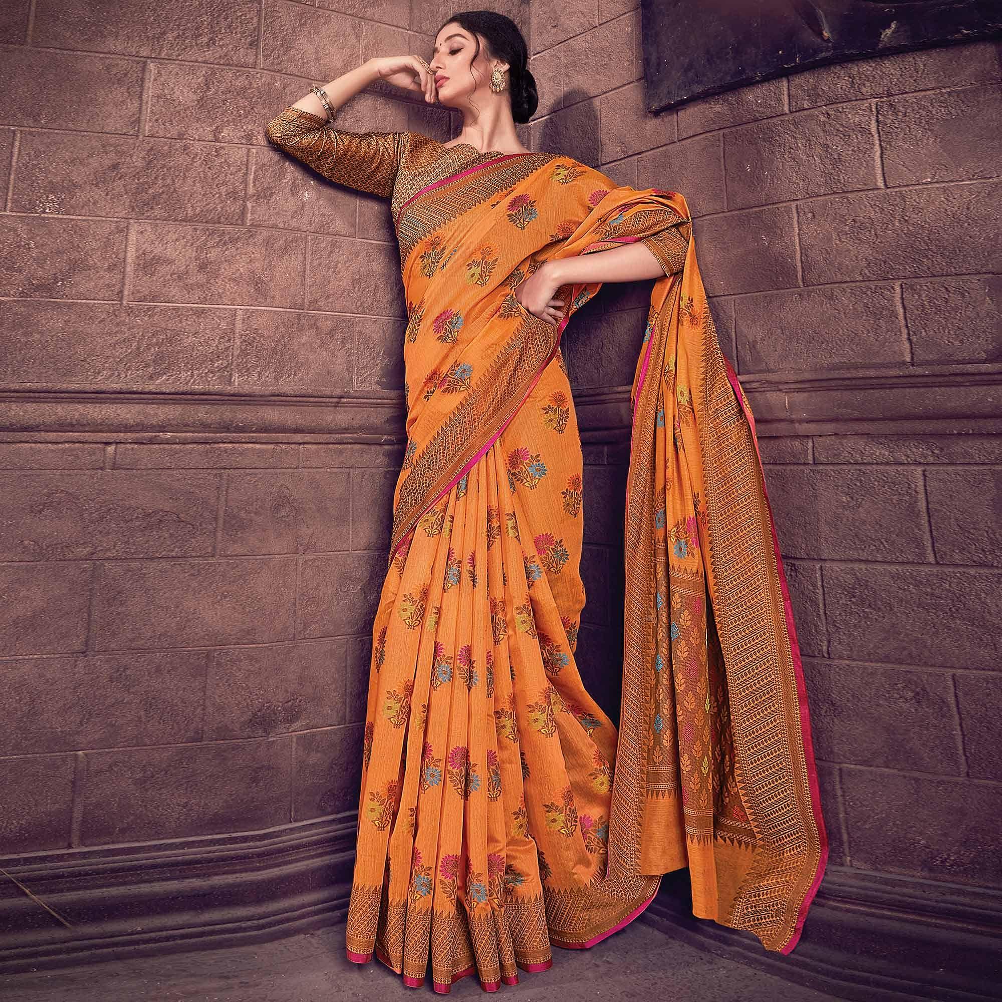 Marvellous Orange Colored Festive Wear Woven Handloom Silk Saree - Peachmode