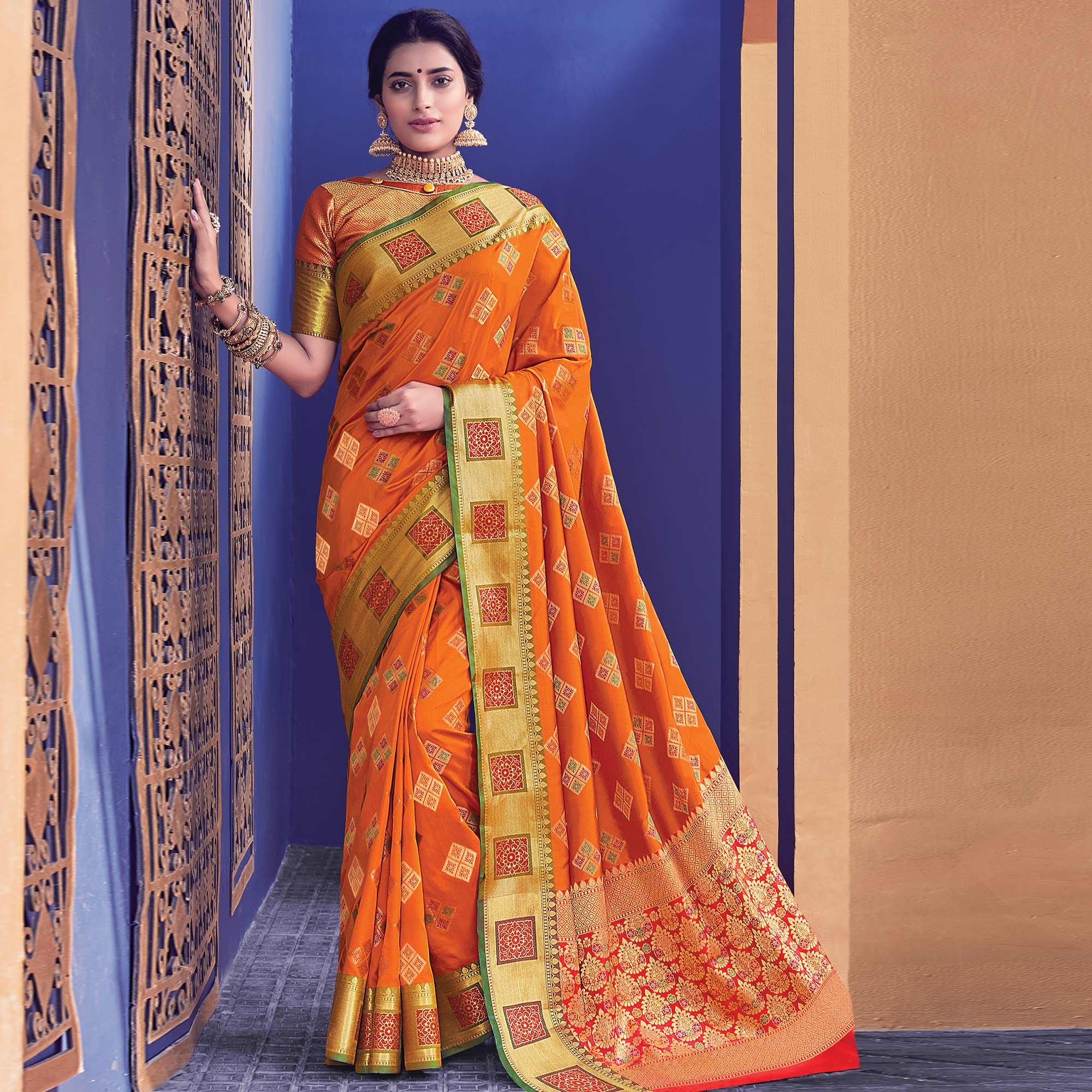 Marvellous Orange Colored Festive Wear Woven Heavy Banarasi Silk Saree - Peachmode