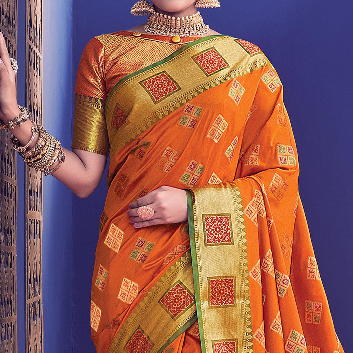 Marvellous Orange Colored Festive Wear Woven Heavy Banarasi Silk Saree - Peachmode
