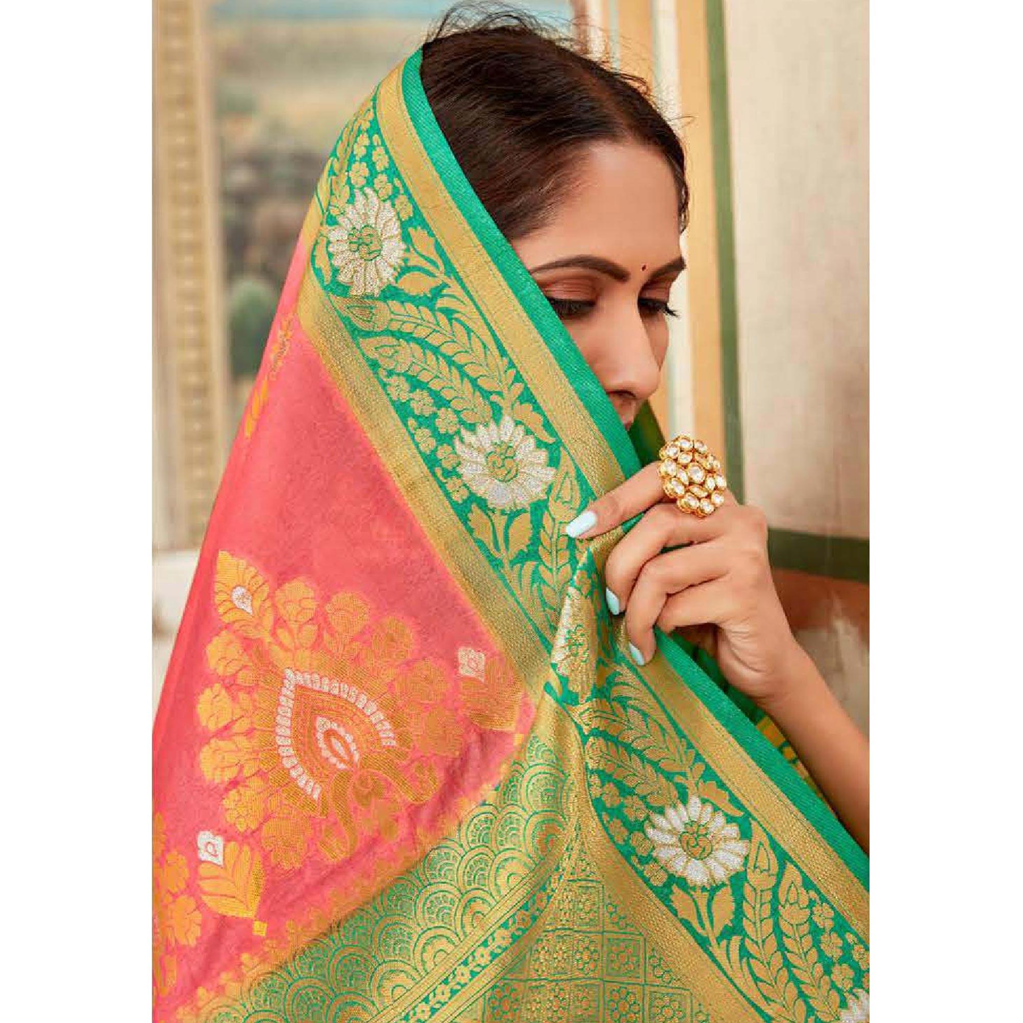 Marvellous Peach Colored Festive Wear Woven Art Silk Saree - Peachmode