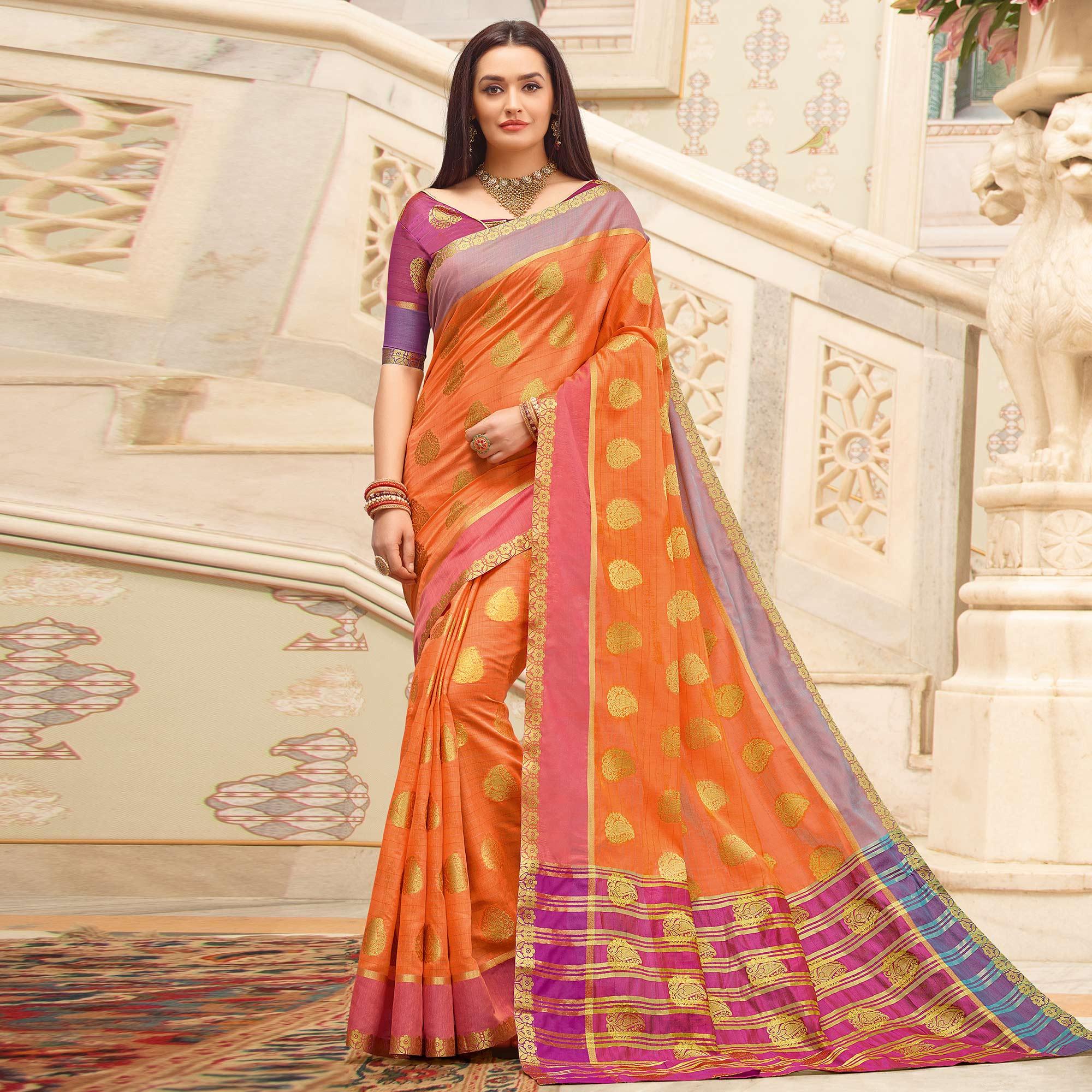 Marvellous Peach Colored Festive Wear Woven Cotton Handloom Saree - Peachmode