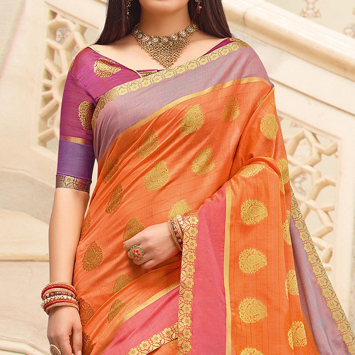 Marvellous Peach Colored Festive Wear Woven Cotton Handloom Saree - Peachmode