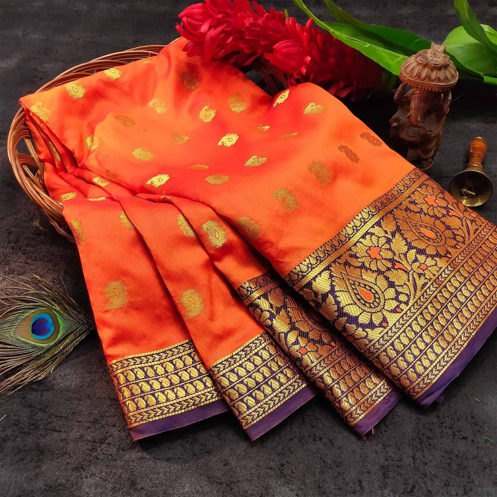 Marvellous Peach Colored Festive Wear Woven Kanjivaram Silk Saree - Peachmode