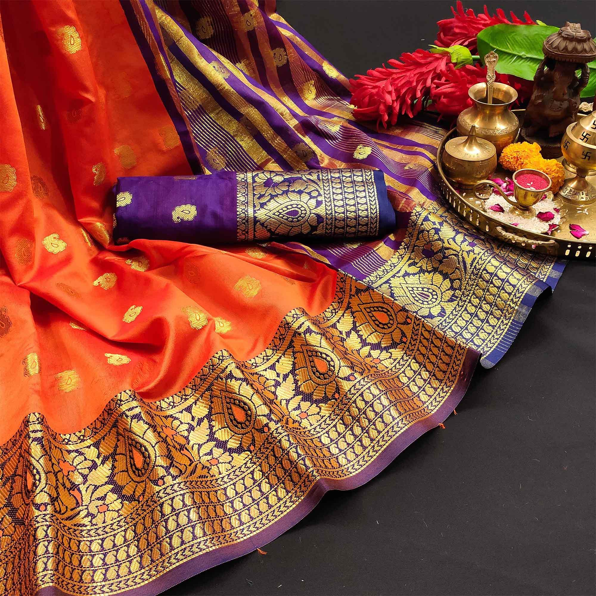 Marvellous Peach Colored Festive Wear Woven Kanjivaram Silk Saree - Peachmode