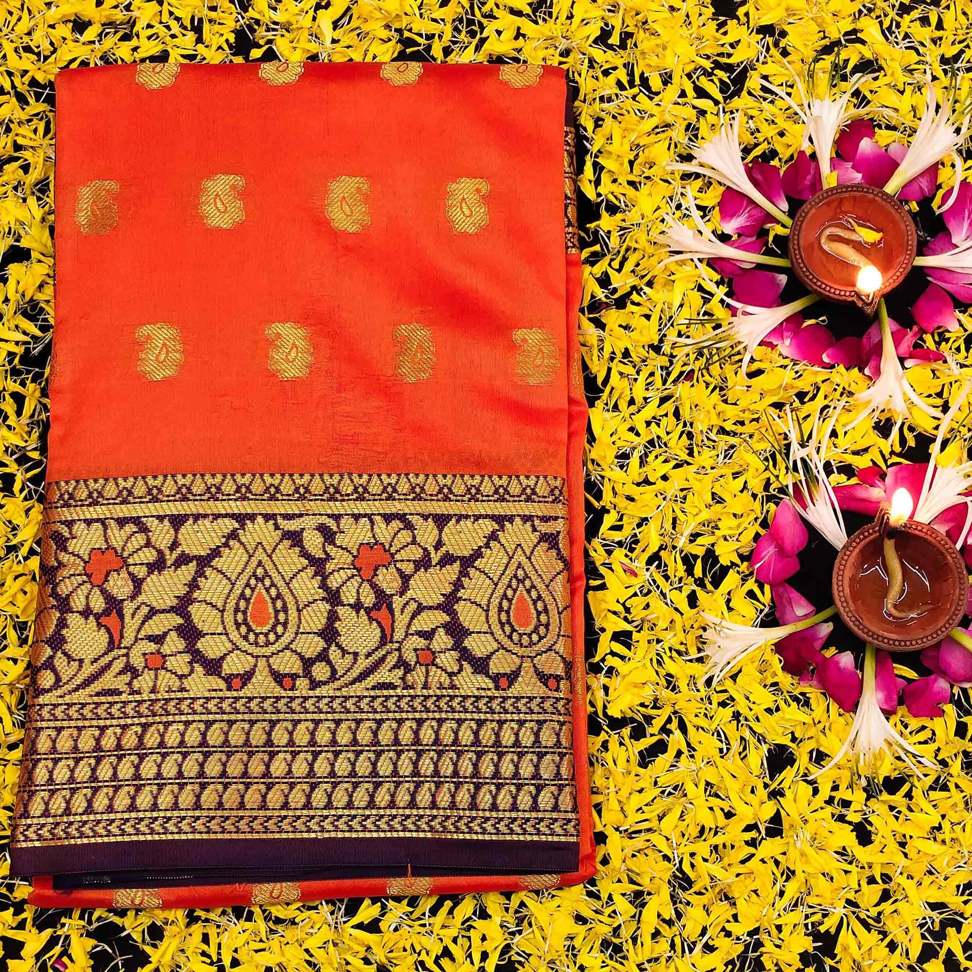 Marvellous Peach Colored Festive Wear Woven Kanjivaram Silk Saree - Peachmode