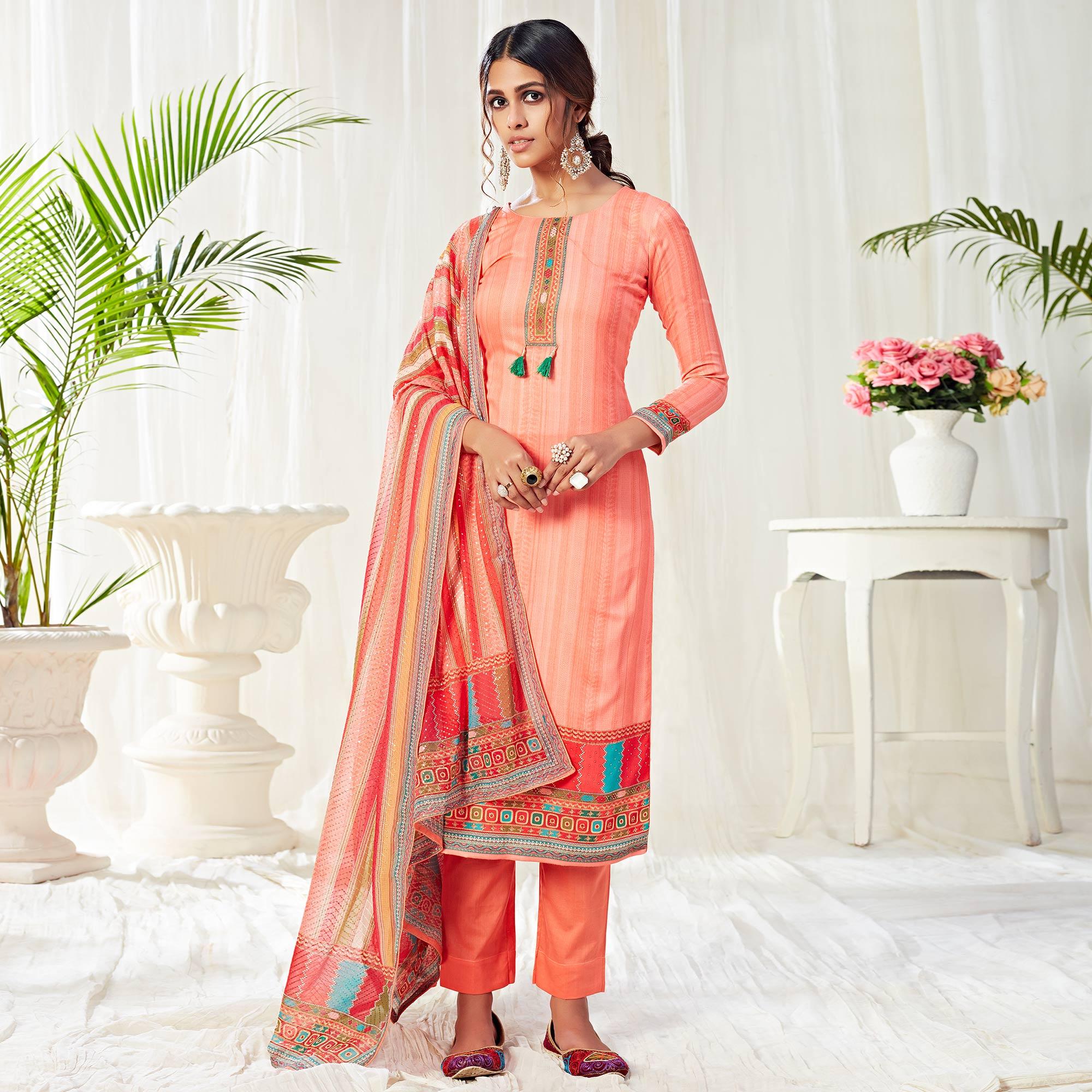 Marvellous Peach Colored Partywear Digital Printed Cotton Suit - Peachmode