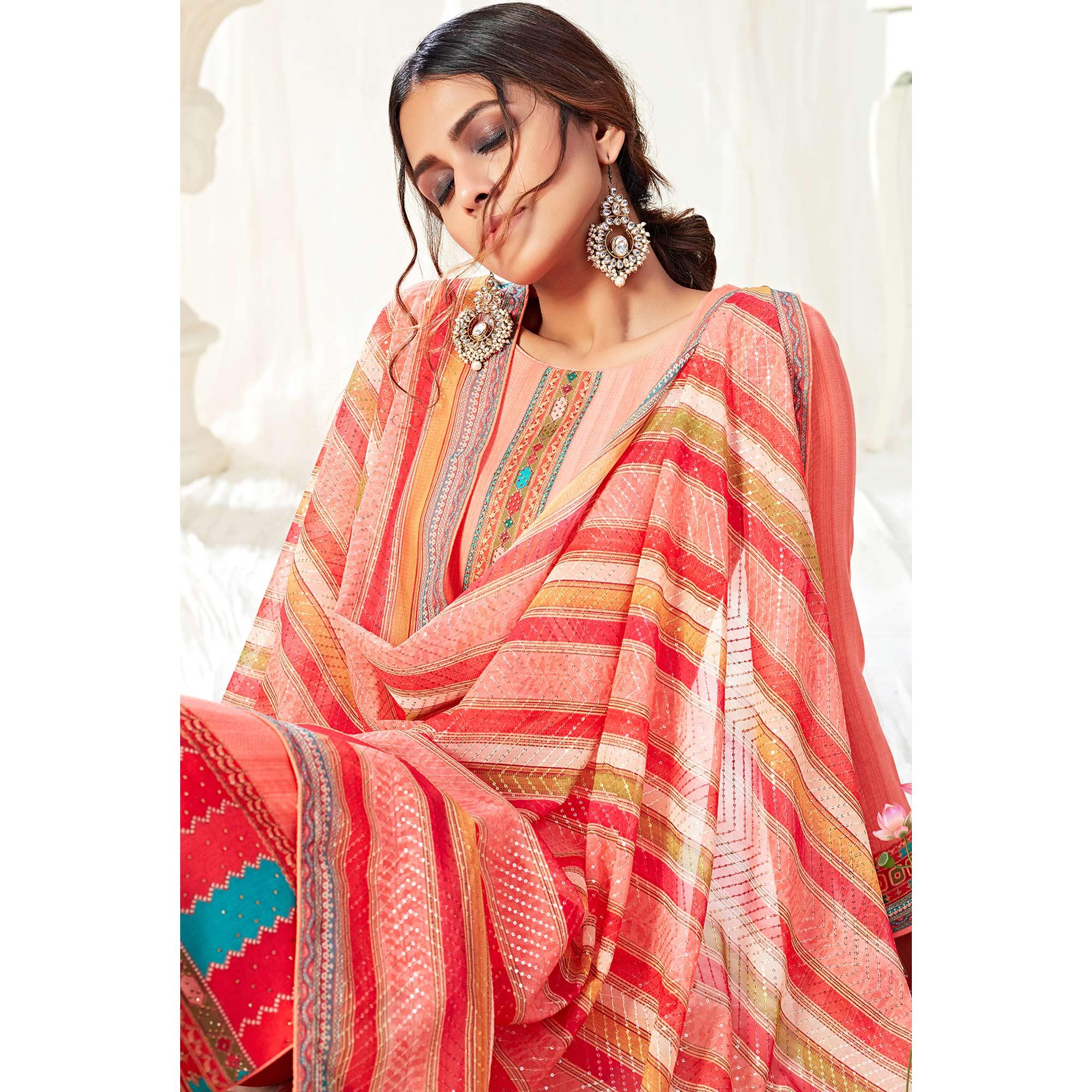 Marvellous Peach Colored Partywear Digital Printed Cotton Suit - Peachmode