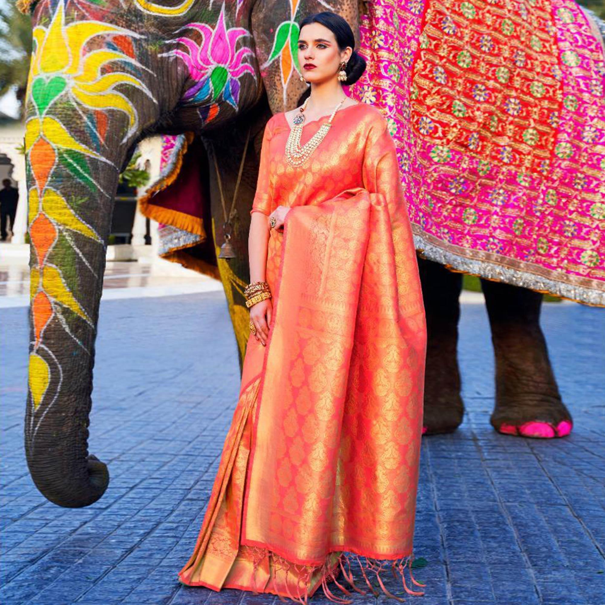 Marvellous Peach Coloured Festive Wear Woven Silk Saree - Peachmode