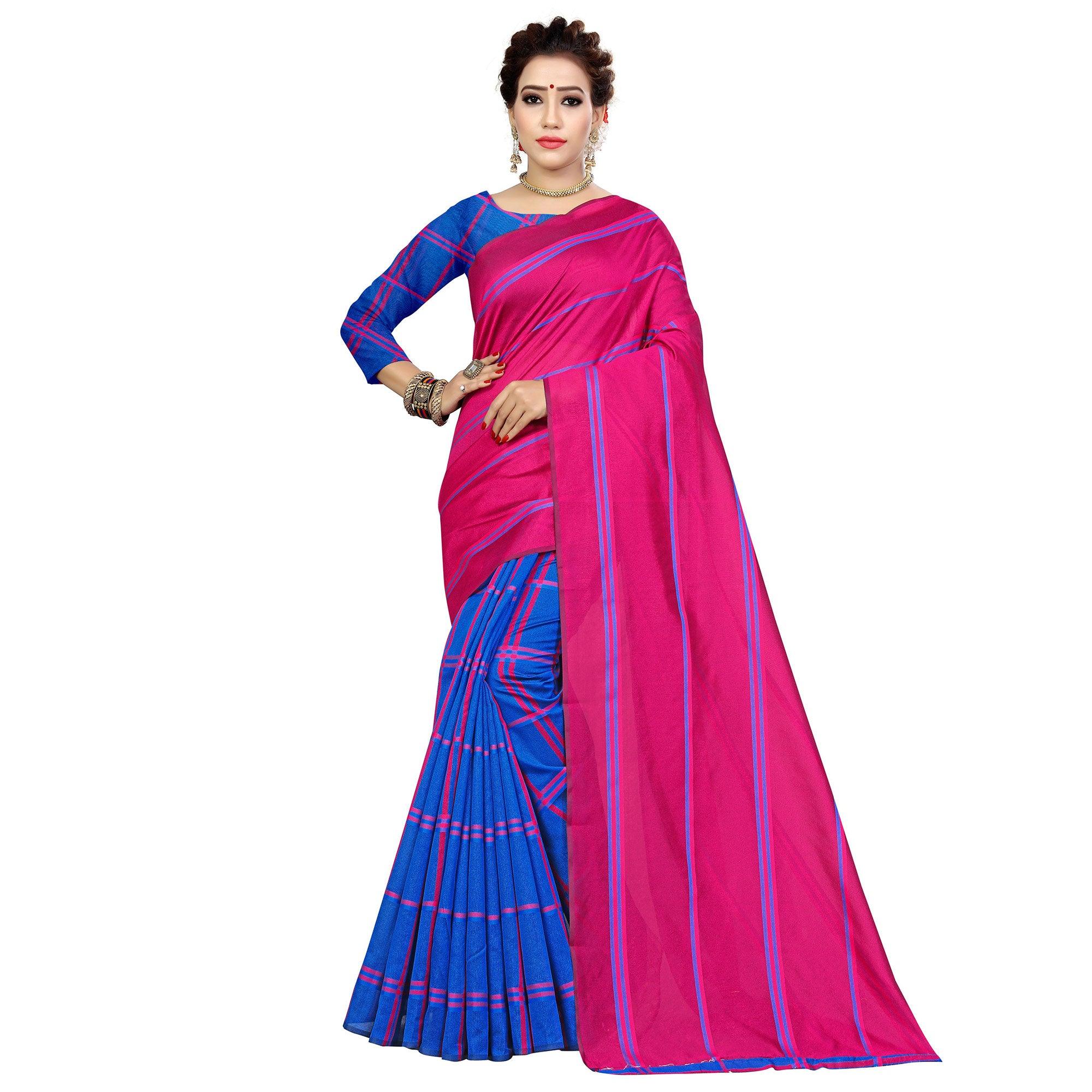 Marvellous Pink-Blue Colored Casual Printed Cotton Silk Saree - Peachmode