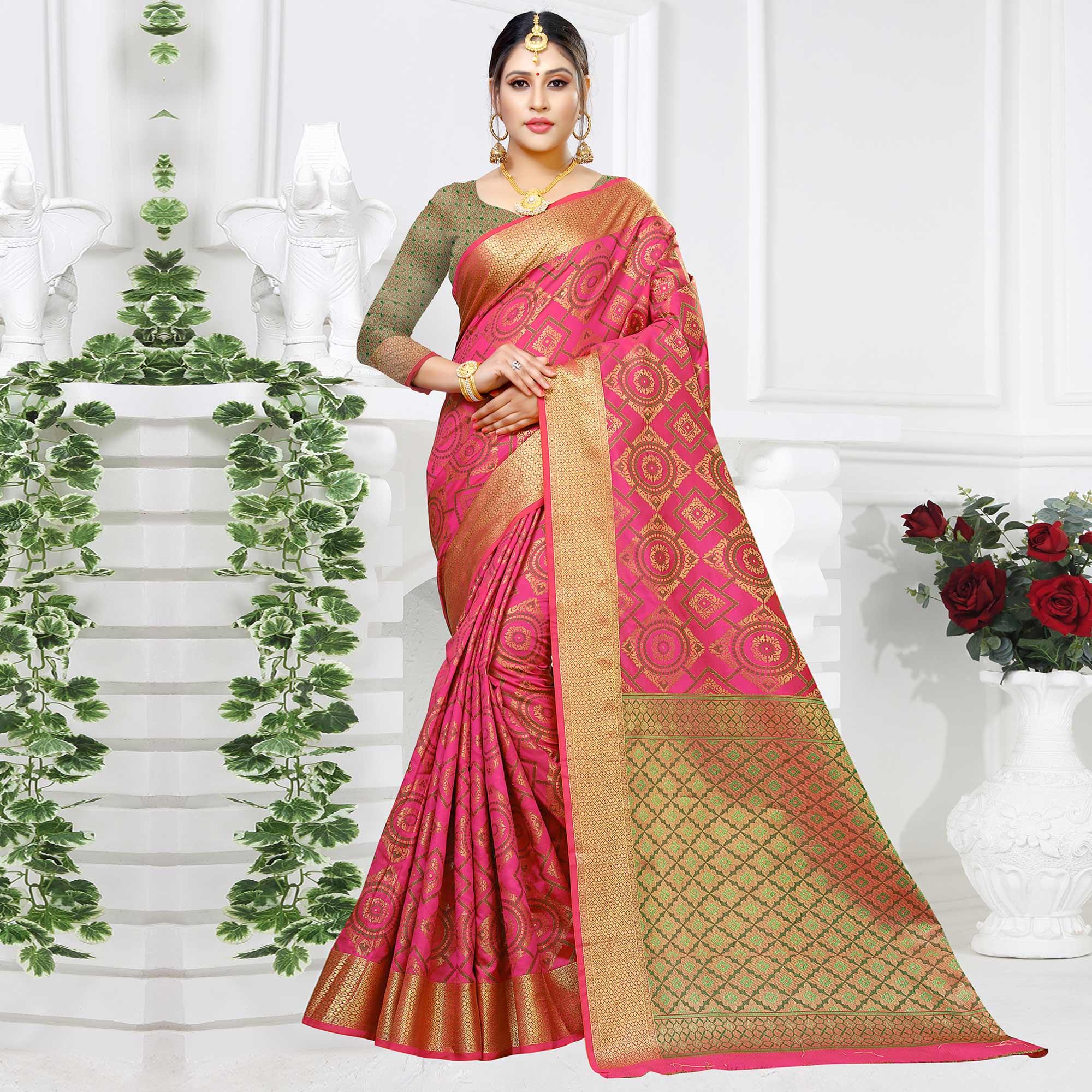 Marvellous Pink Colored Festive Wear Woven Silk Saree - Peachmode