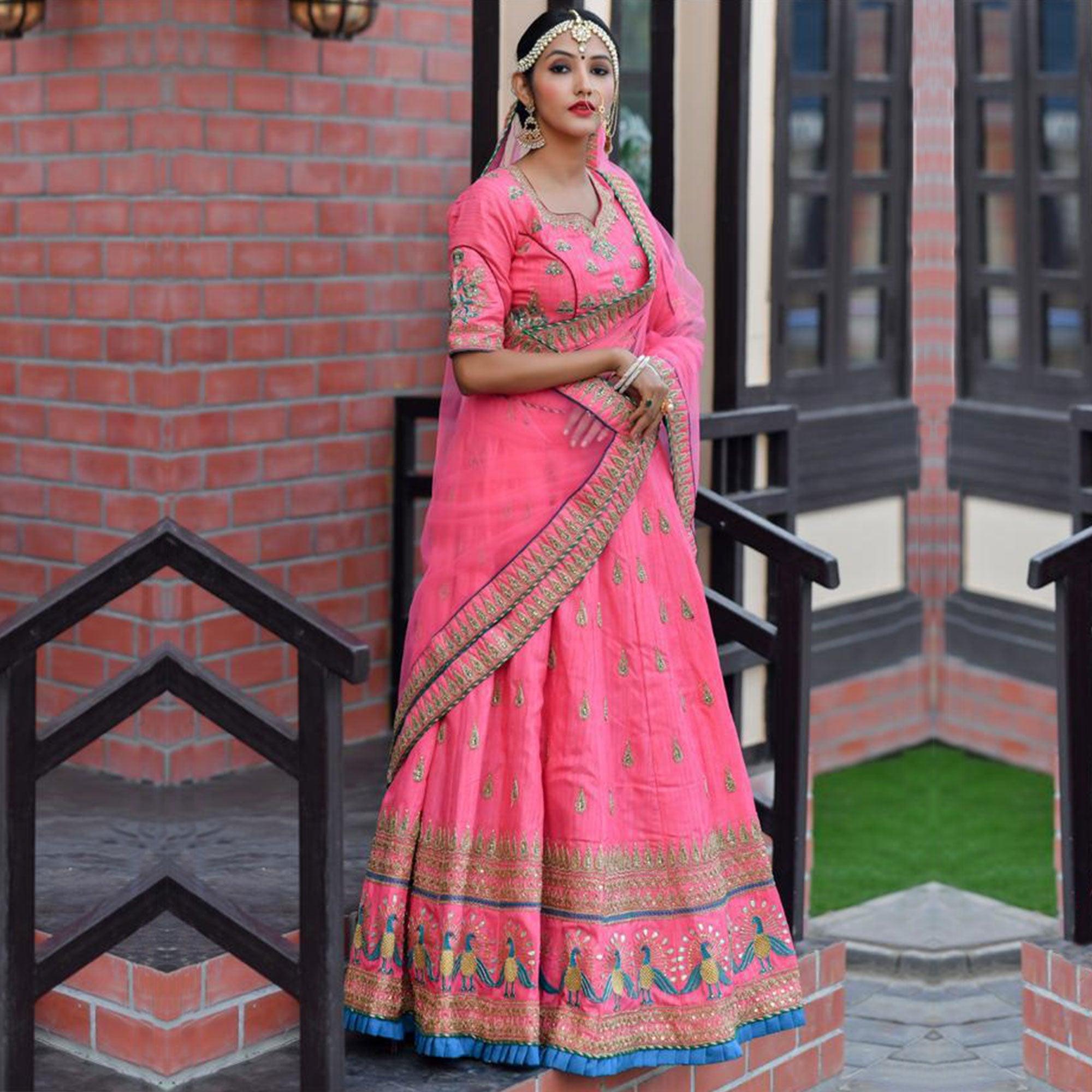 Marvellous Pink Colored Party Wear Embroidered Silk Lehenga Choli - Peachmode
