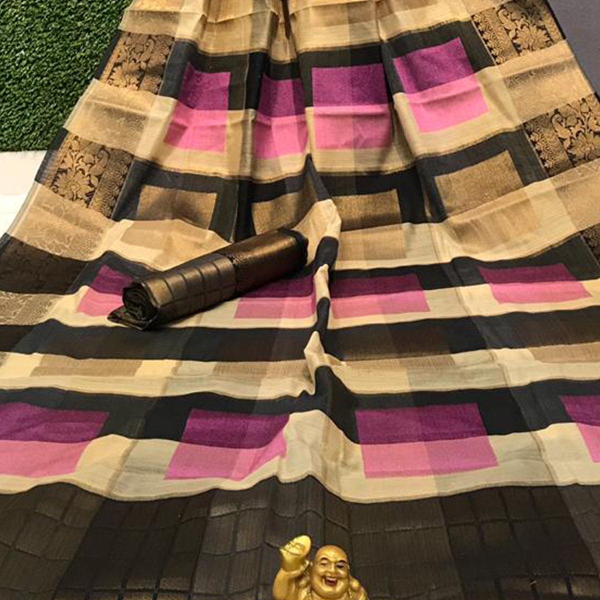 Marvellous Pink - Multi Colored Festive Wear Woven Soft Cotton Saree - Peachmode