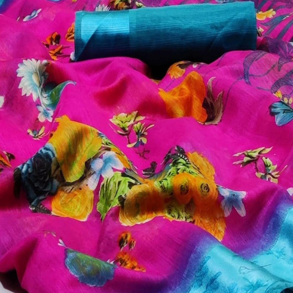 Marvellous Purple Colored Casual Wear Fancy Printed Linen Saree - Peachmode