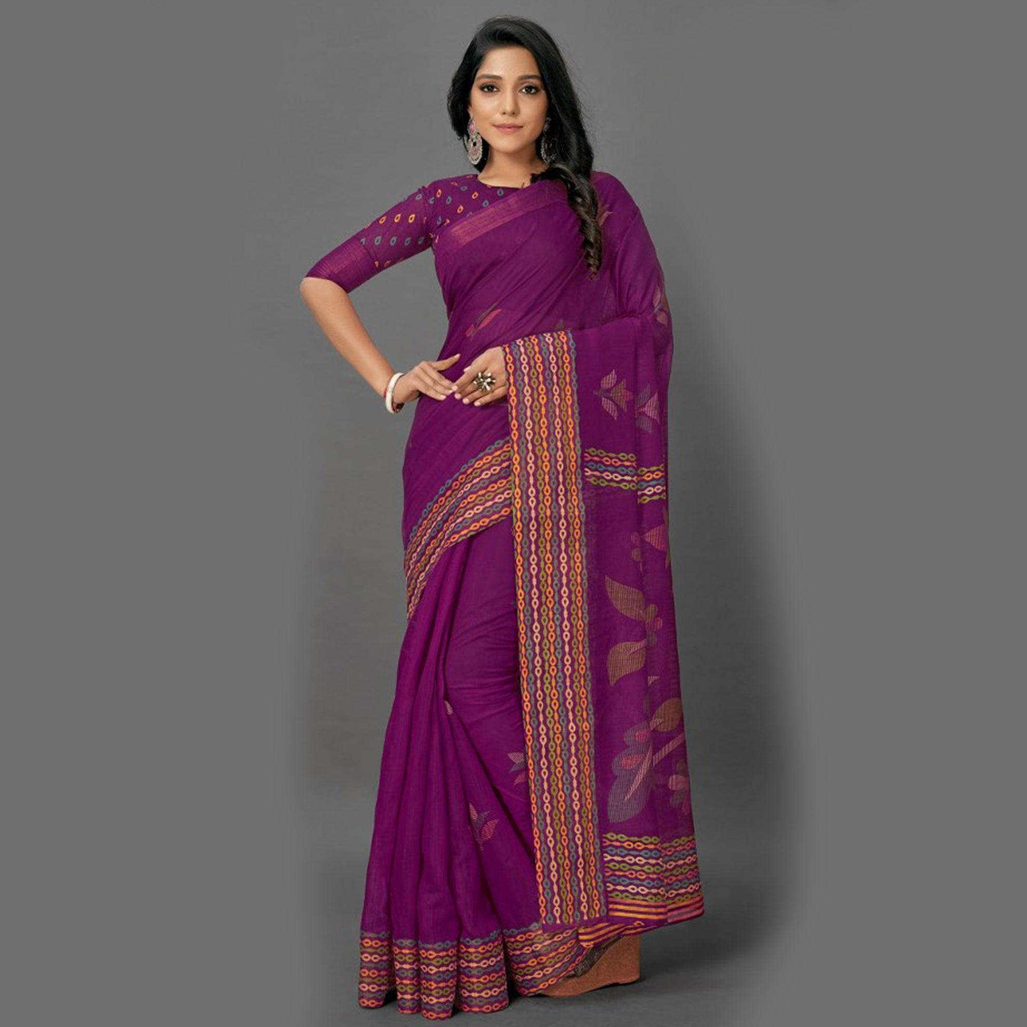Marvellous Purple Colored Casual Wear Printed Cotton Saree - Peachmode