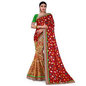 Marvellous Red-Brown Colored Party Wear Floral Printed Georgette half-half Saree - Peachmode