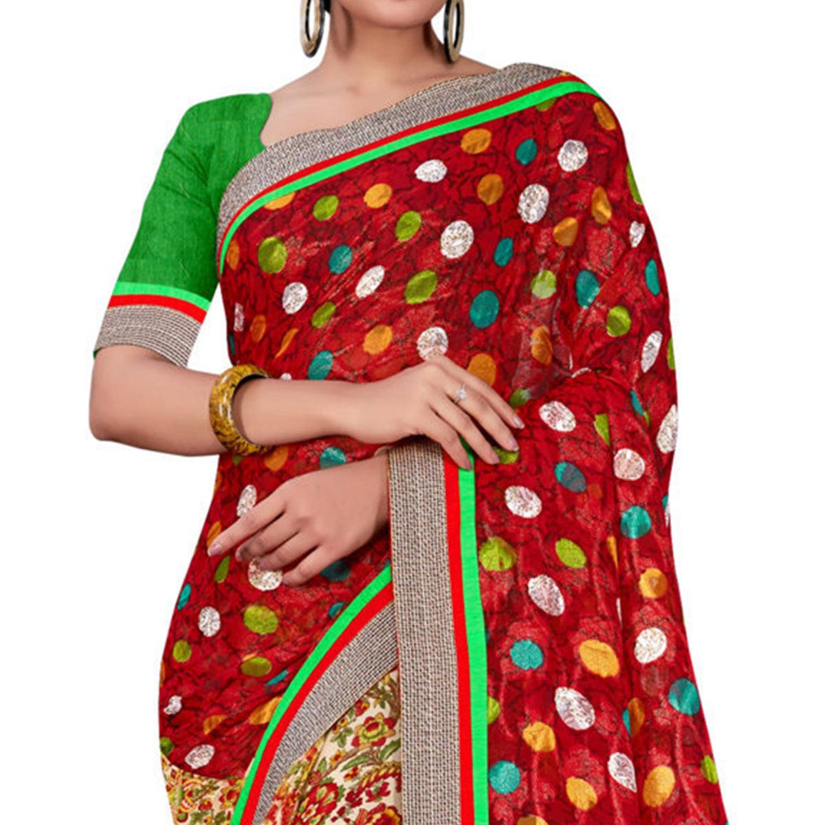 Marvellous Red-Brown Colored Party Wear Floral Printed Georgette half-half Saree - Peachmode