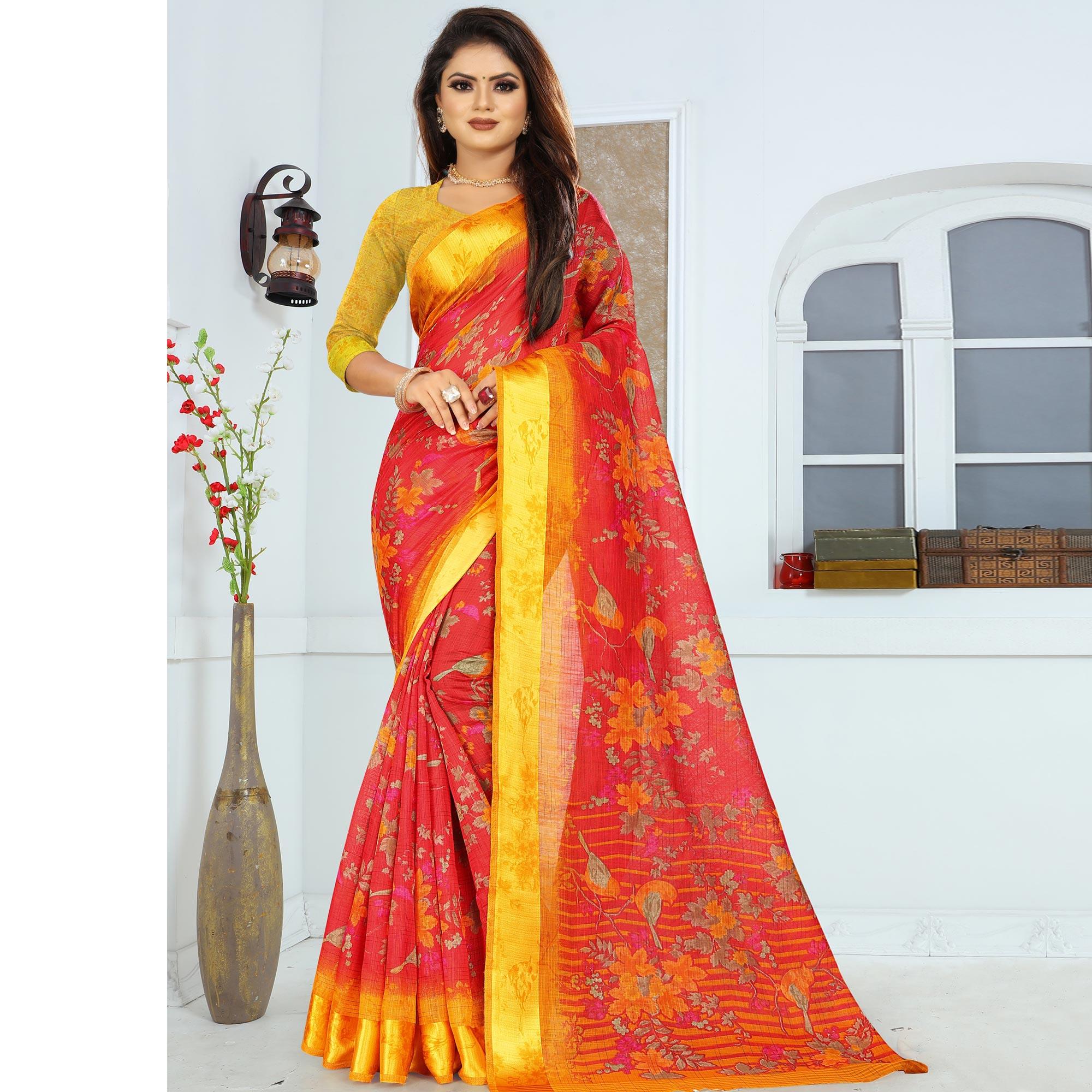 Marvellous Red Colored Casual Wear Floral Printed Linen Saree With Satin Patta Border - Peachmode