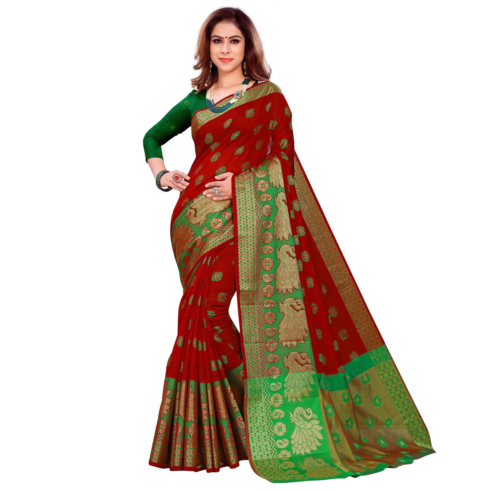 Marvellous Red Colored Festive Wear Woven Art Silk Saree - Peachmode
