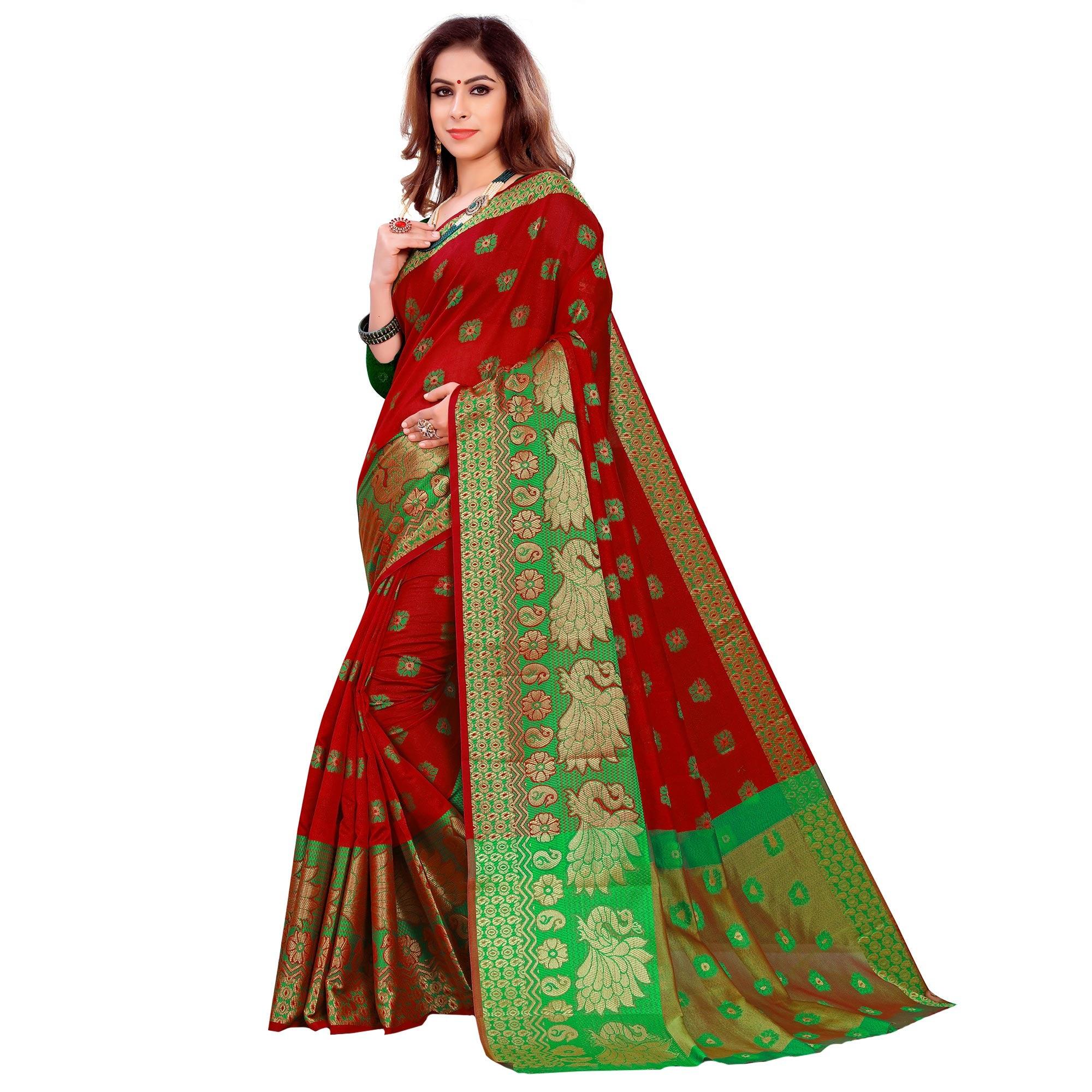 Marvellous Red Colored Festive Wear Woven Art Silk Saree - Peachmode