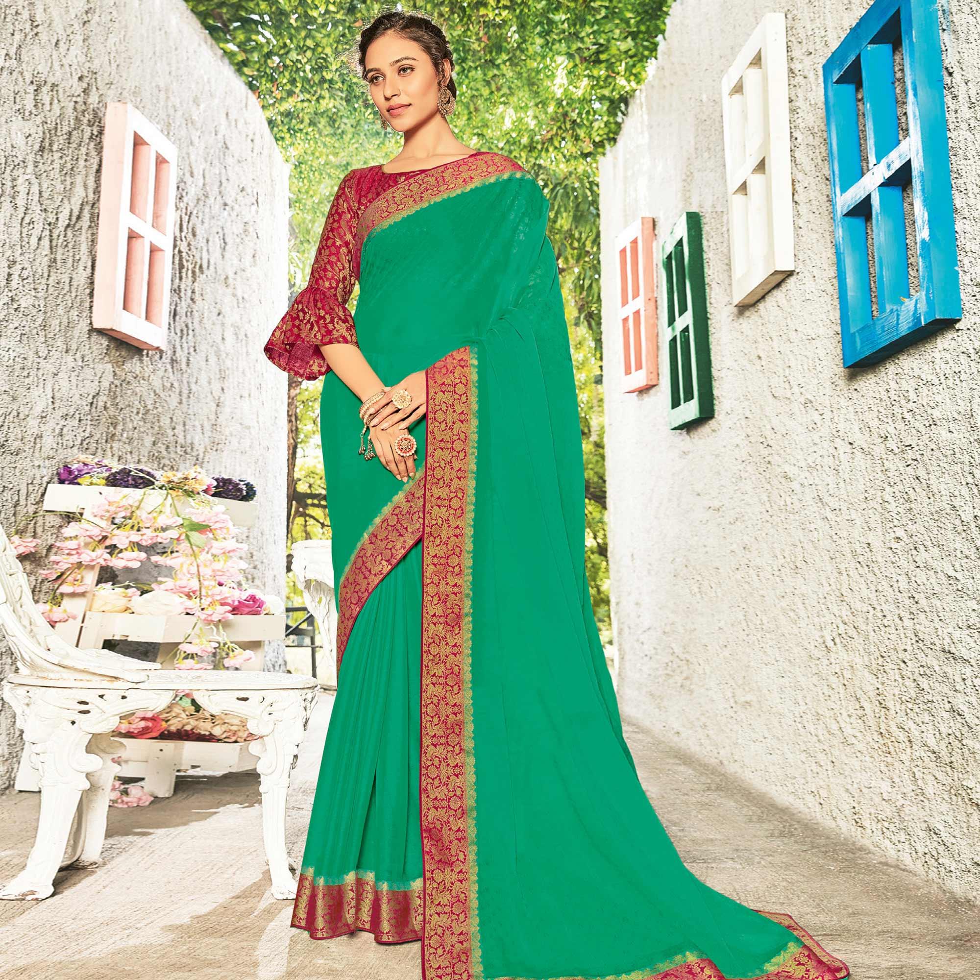 Marvellous Sea Green Coloured Party Wear Embroidered Chiffon Saree - Peachmode