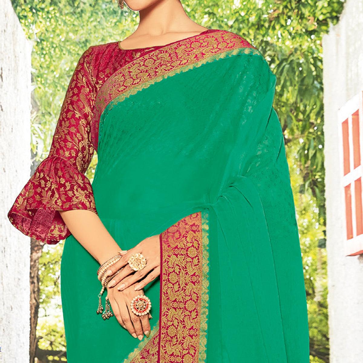 Marvellous Sea Green Coloured Party Wear Embroidered Chiffon Saree - Peachmode