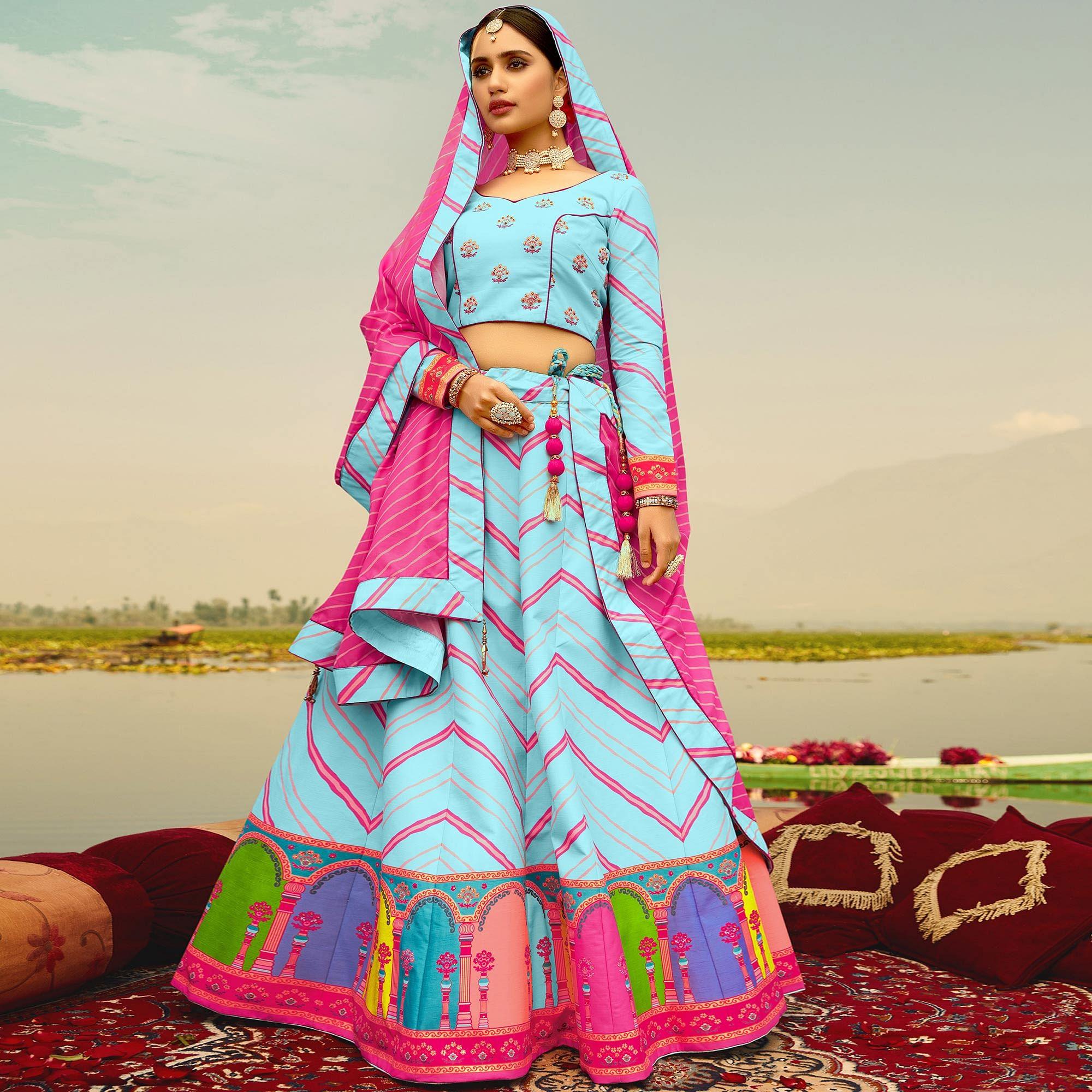 Marvellous Sky Blue Coloured Wedding Wear Designer Stone Work Heavy Silk Lehenga Choli - Peachmode