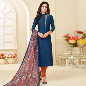 Marvellous Teal Blue Colored Casual Wear Printed Chanderi Dress Material - Peachmode