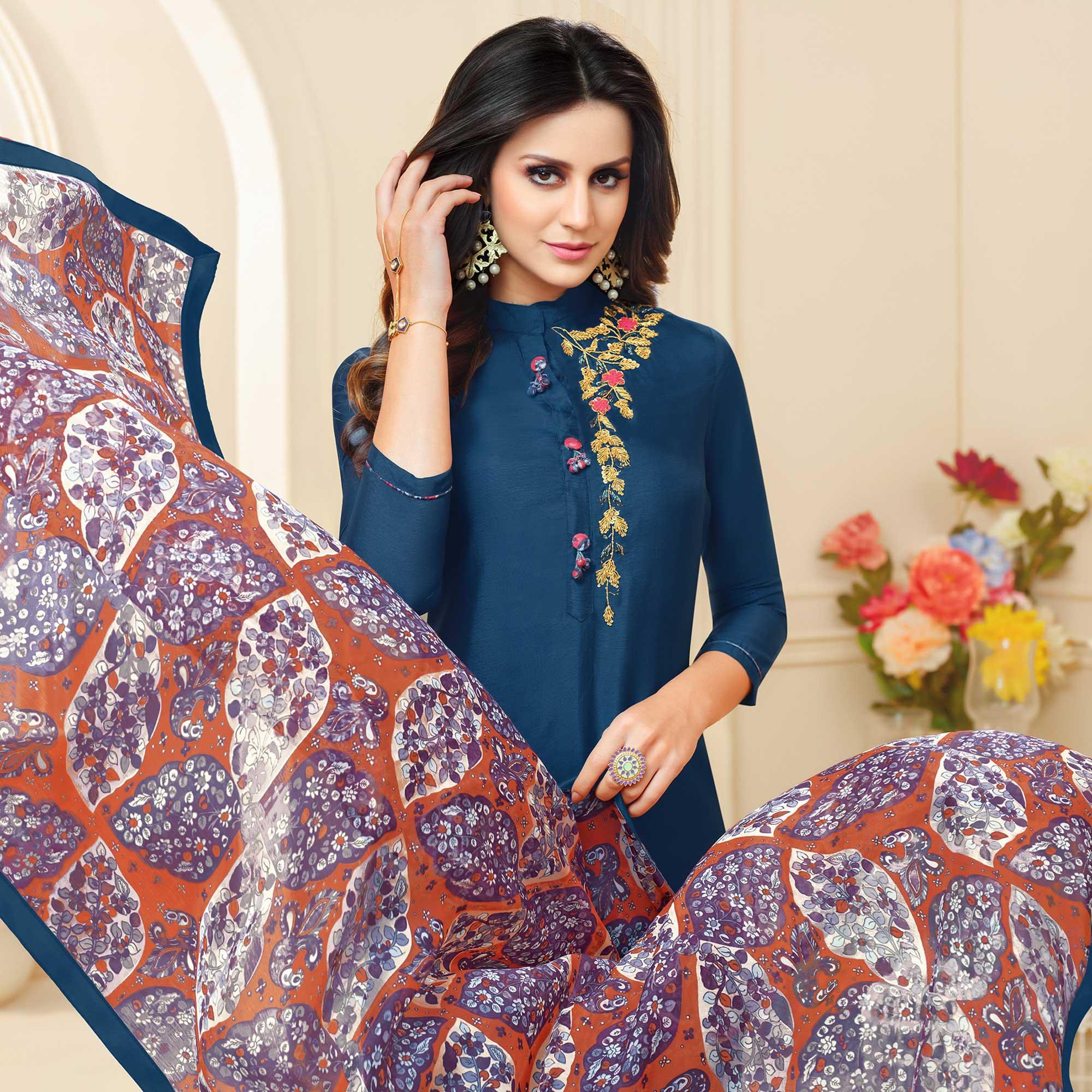 Marvellous Teal Blue Colored Casual Wear Printed Chanderi Dress Material - Peachmode