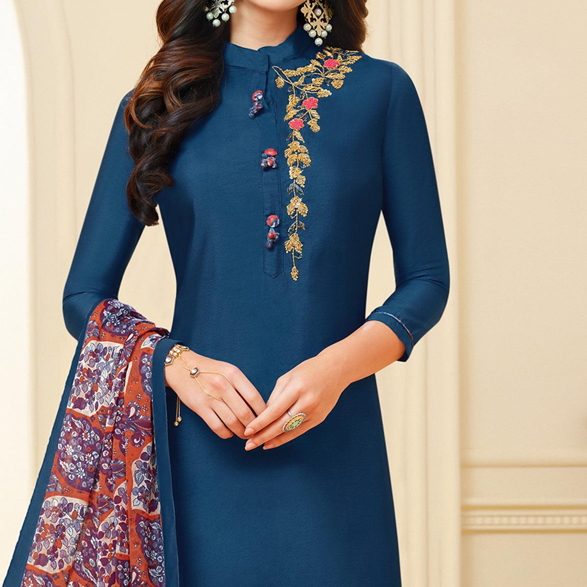 Marvellous Teal Blue Colored Casual Wear Printed Chanderi Dress Material - Peachmode