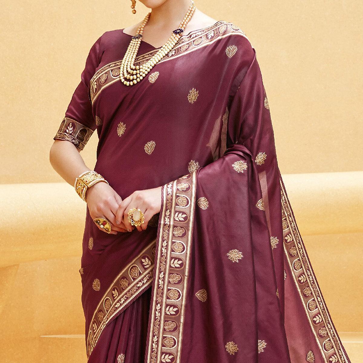 Marvellous Wine Colored Party Wear Printed Silk Saree - Peachmode